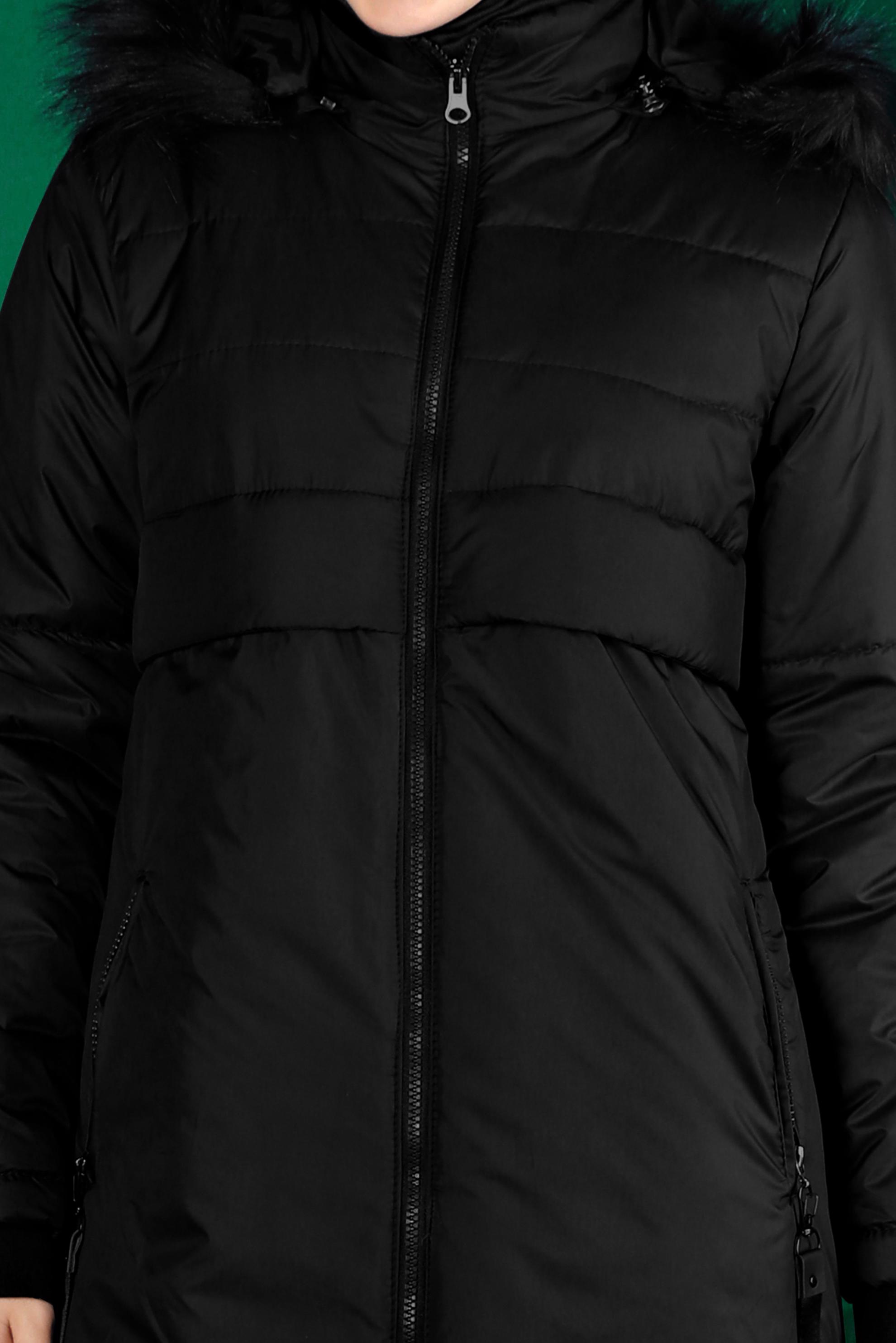 Tesettür giyim SİYAH KAPÜŞONU KÜRKLÜ ŞİŞME KABAN 90318 