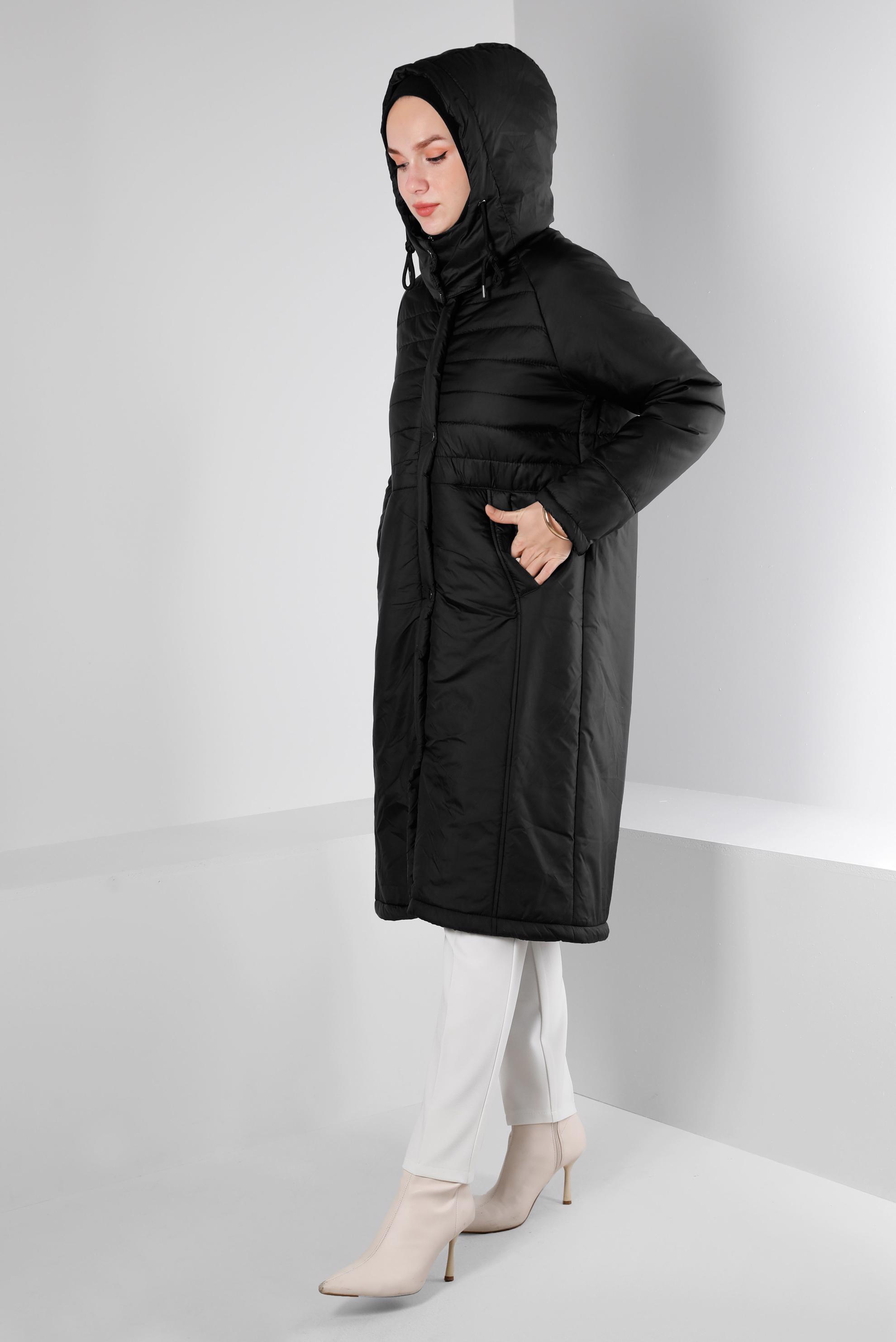 Hijab clothing BLACK HOODED ZIPPED PUFFER COAT 90319