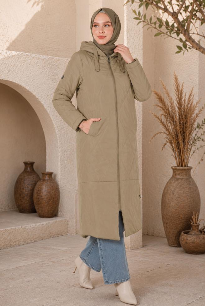 Vêtements hijab BEIGE MANTEAU REMBOURRÉ À CAPUCHE AVEC TAILLE SMOCKÉE 90320 - ALVİNA