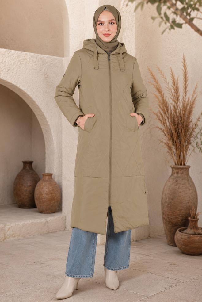 Vêtements hijab BEIGE MANTEAU REMBOURRÉ À CAPUCHE AVEC TAILLE SMOCKÉE 90320 - ALVİNA