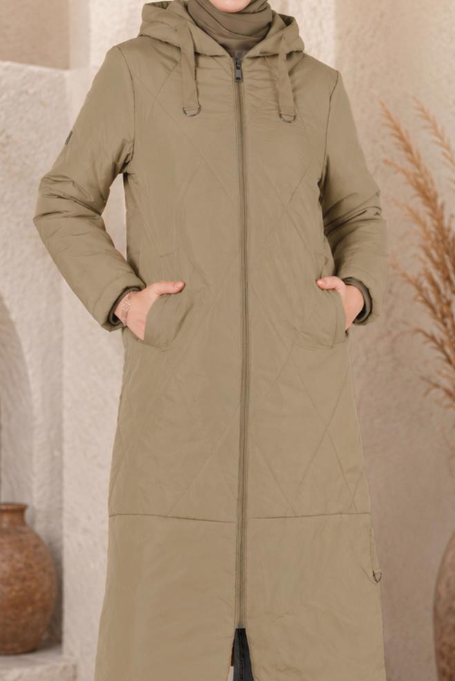 Vêtements hijab BEIGE MANTEAU REMBOURRÉ À CAPUCHE AVEC TAILLE SMOCKÉE 90320 - ALVİNA