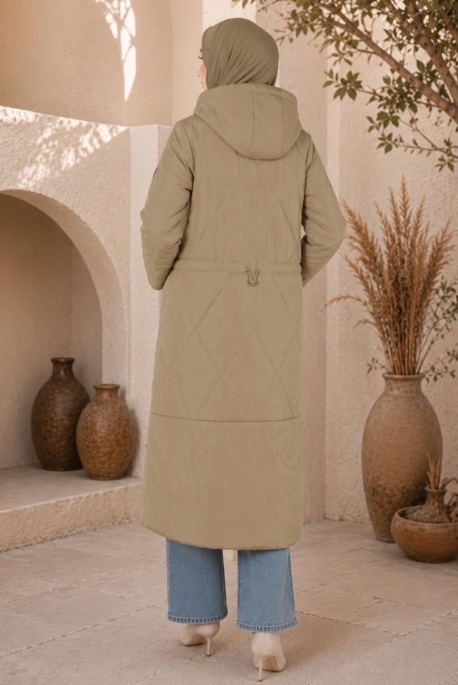 Vêtements hijab BEIGE MANTEAU REMBOURRÉ À CAPUCHE AVEC TAILLE SMOCKÉE 90320 - ALVİNA