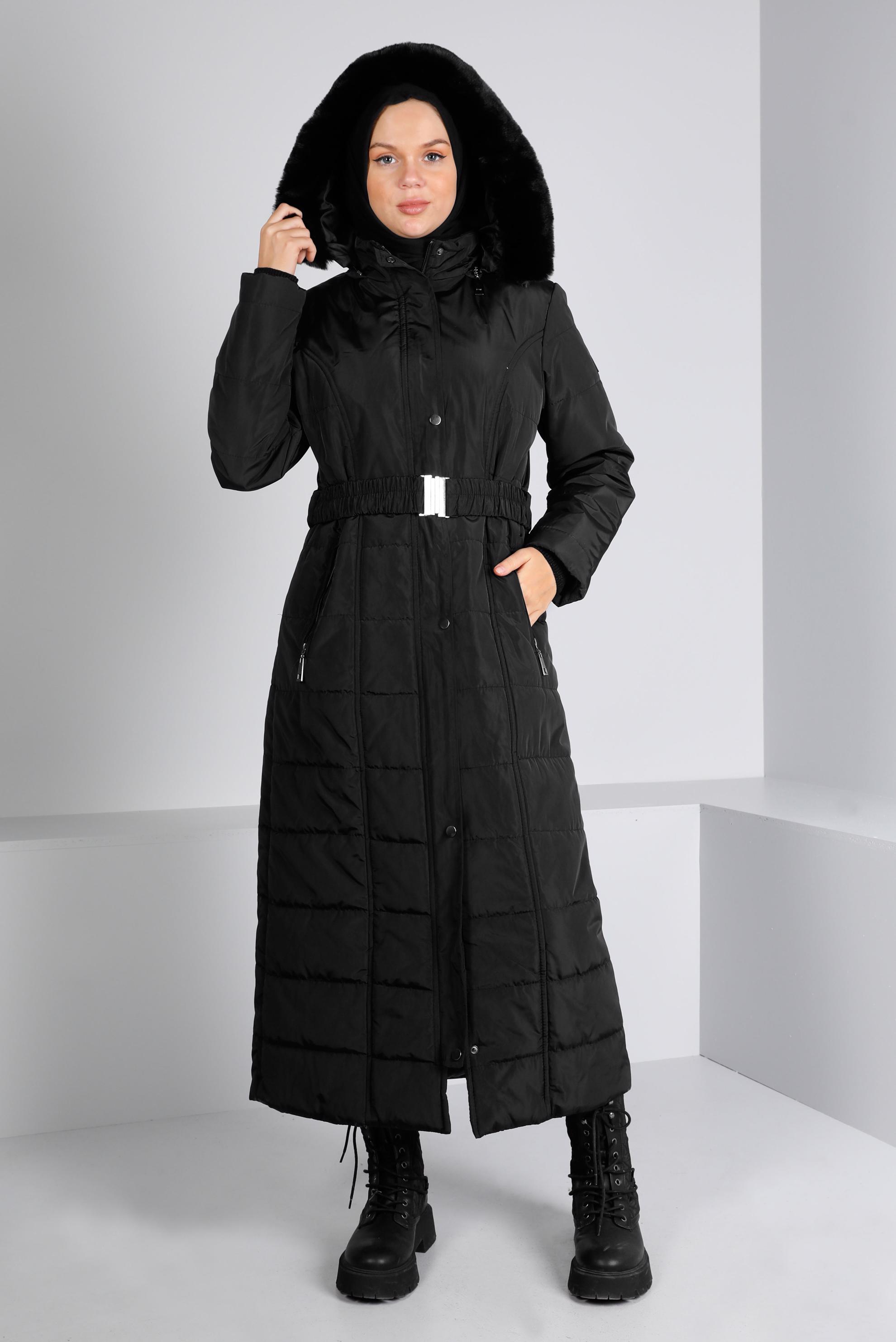 Tesettür giyim SİYAH KEMERLİ KAPÜŞONLU ŞİŞME KABAN 90322