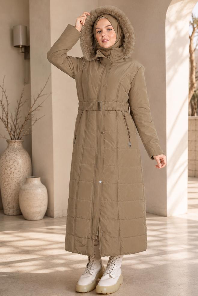 Vêtements hijab BEIGE MANTEAU REMBOURRÉ À CAPUCHE ET CEINTURE 90322 - ALVİNA