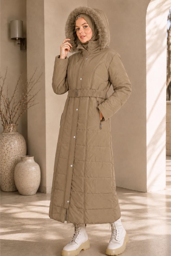Vêtements hijab BEIGE MANTEAU REMBOURRÉ À CAPUCHE ET CEINTURE 90322 - ALVİNA