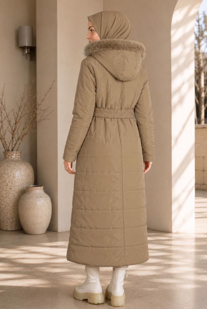 Vêtements hijab BEIGE MANTEAU REMBOURRÉ À CAPUCHE ET CEINTURE 90322 - ALVİNA