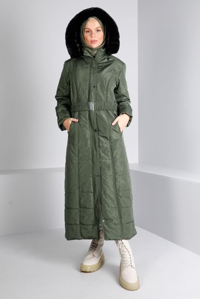 Tesettür giyim  KEMERLİ KAPÜŞONLU ŞİŞME KABAN 90322 - ALVİNA