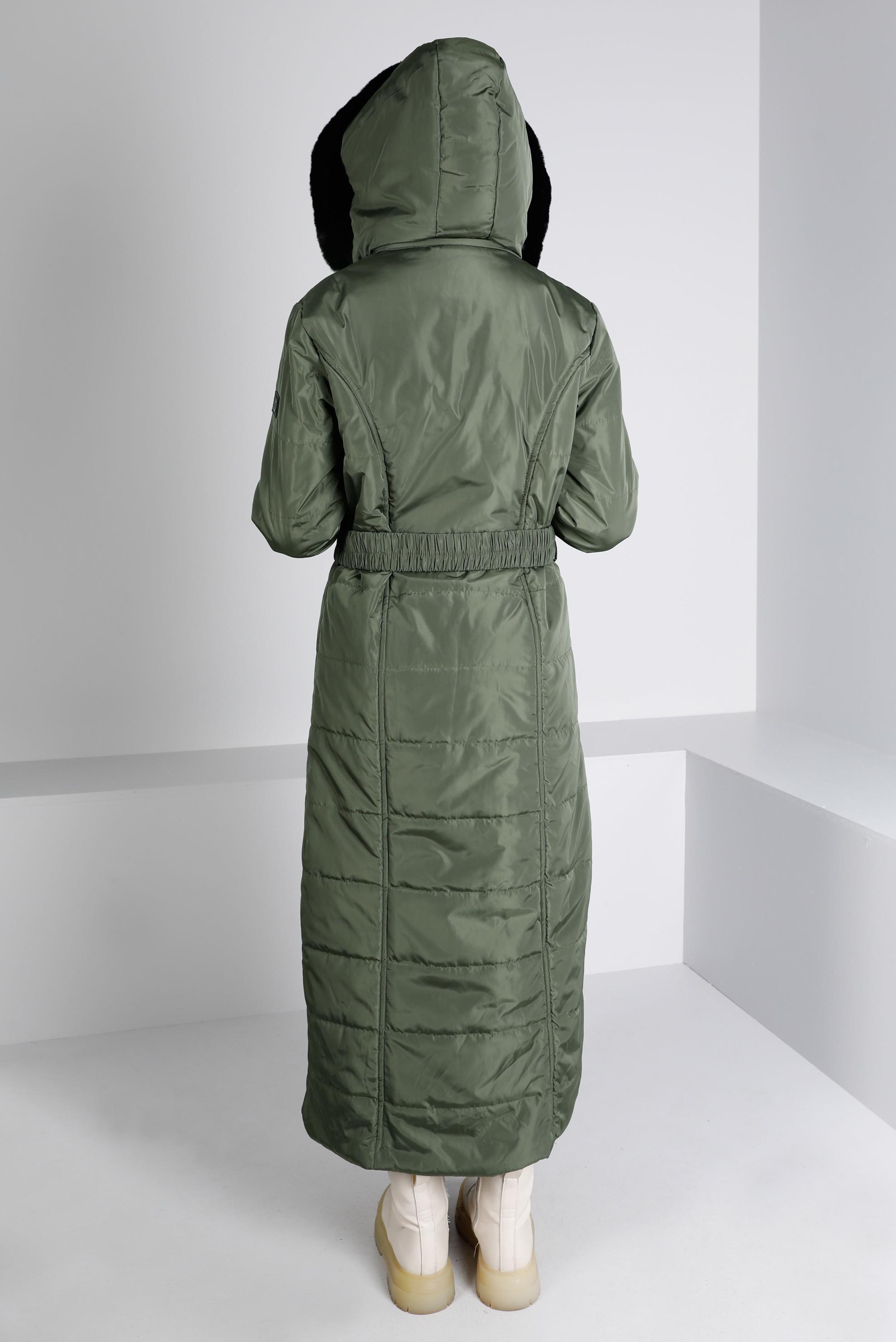 Tesettür giyim HAKİ KEMERLİ KAPÜŞONLU ŞİŞME KABAN 90322