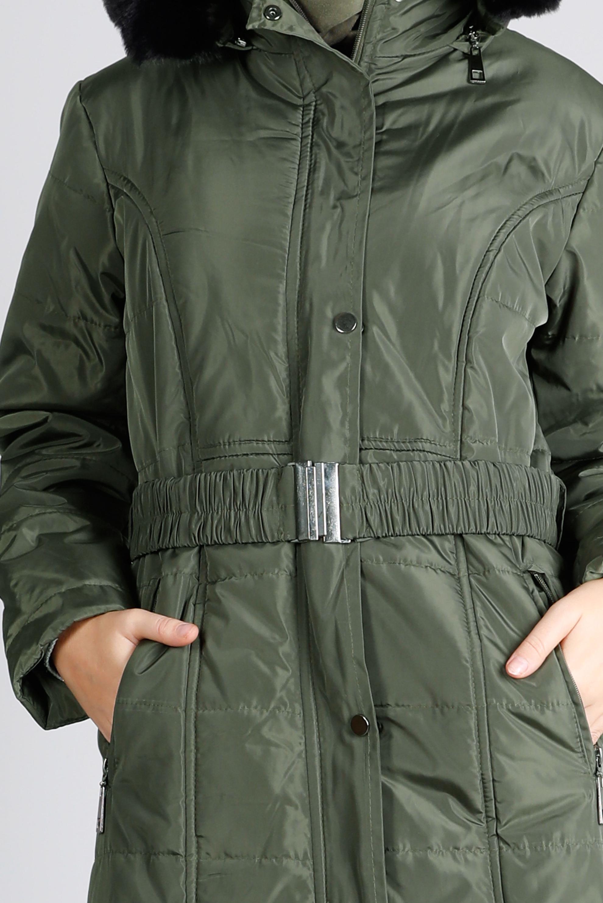 Tesettür giyim HAKİ KEMERLİ KAPÜŞONLU ŞİŞME KABAN 90322