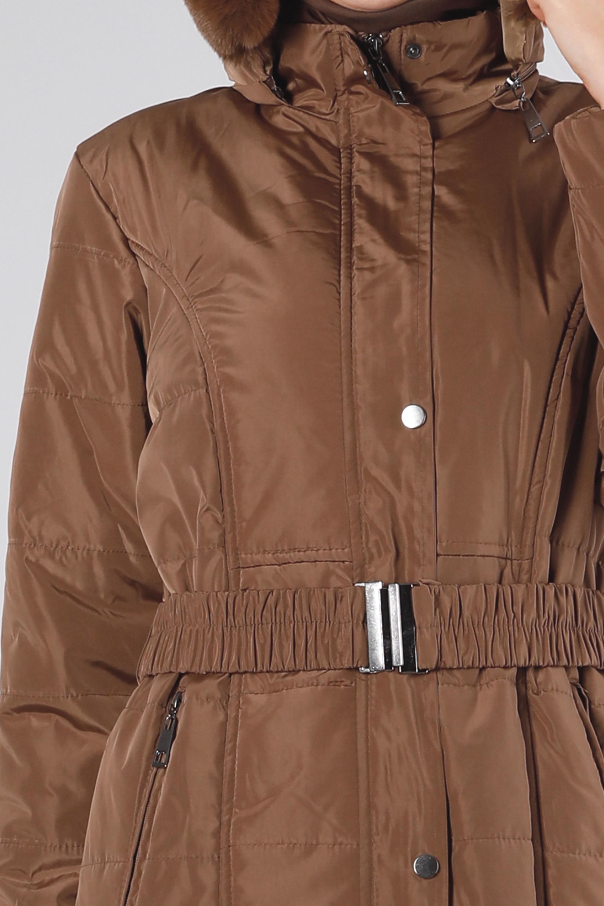 Tesettür giyim TABA KEMERLİ KAPÜŞONLU ŞİŞME KABAN 90322