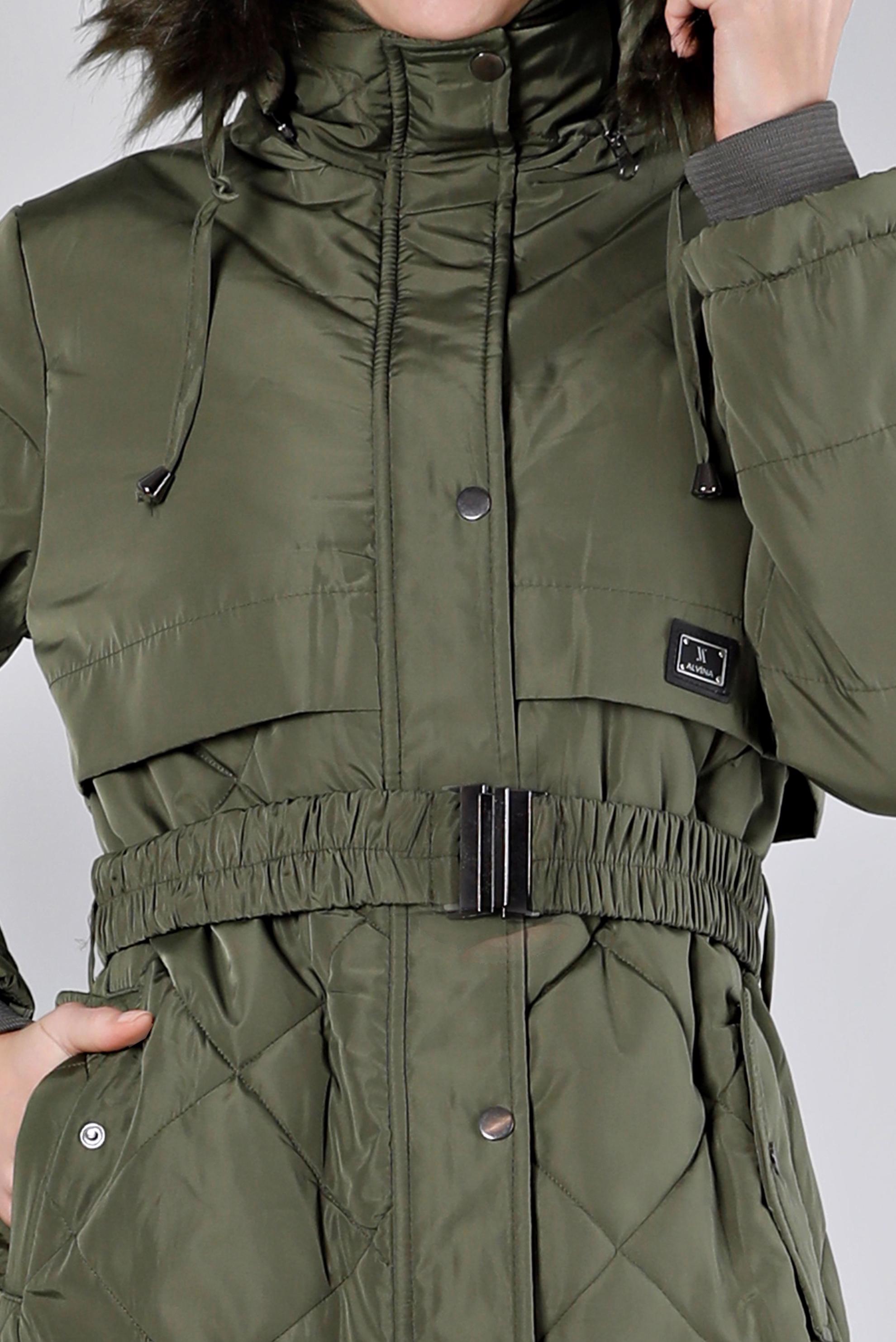 Tesettür giyim HAKİ KAPÜŞONU KÜRKLÜ ŞİŞME KABAN 90323 