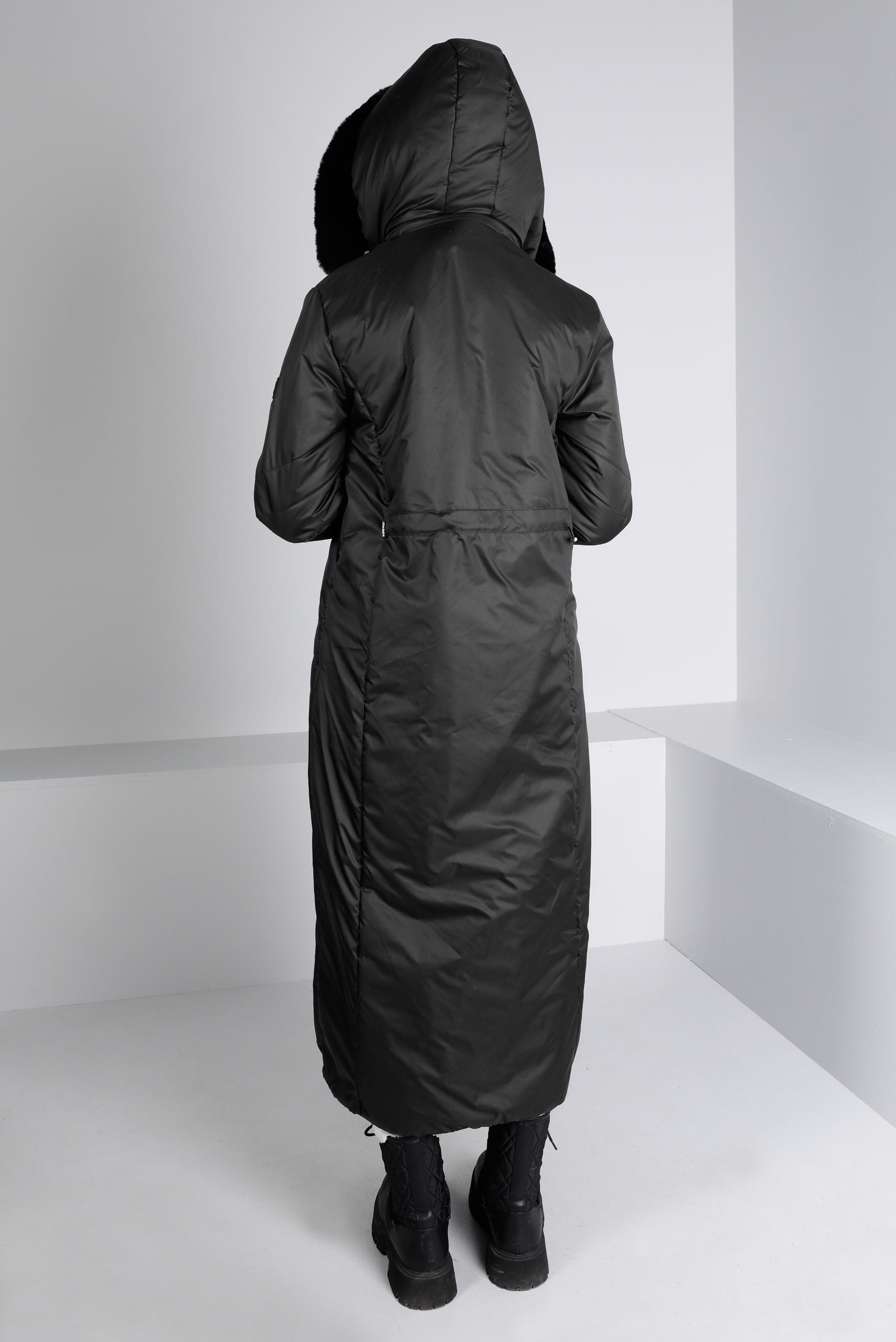 Tesettür giyim SİYAH MANŞETLERİ BÜZGÜLÜ KAPÜŞONLU KABAN 90324