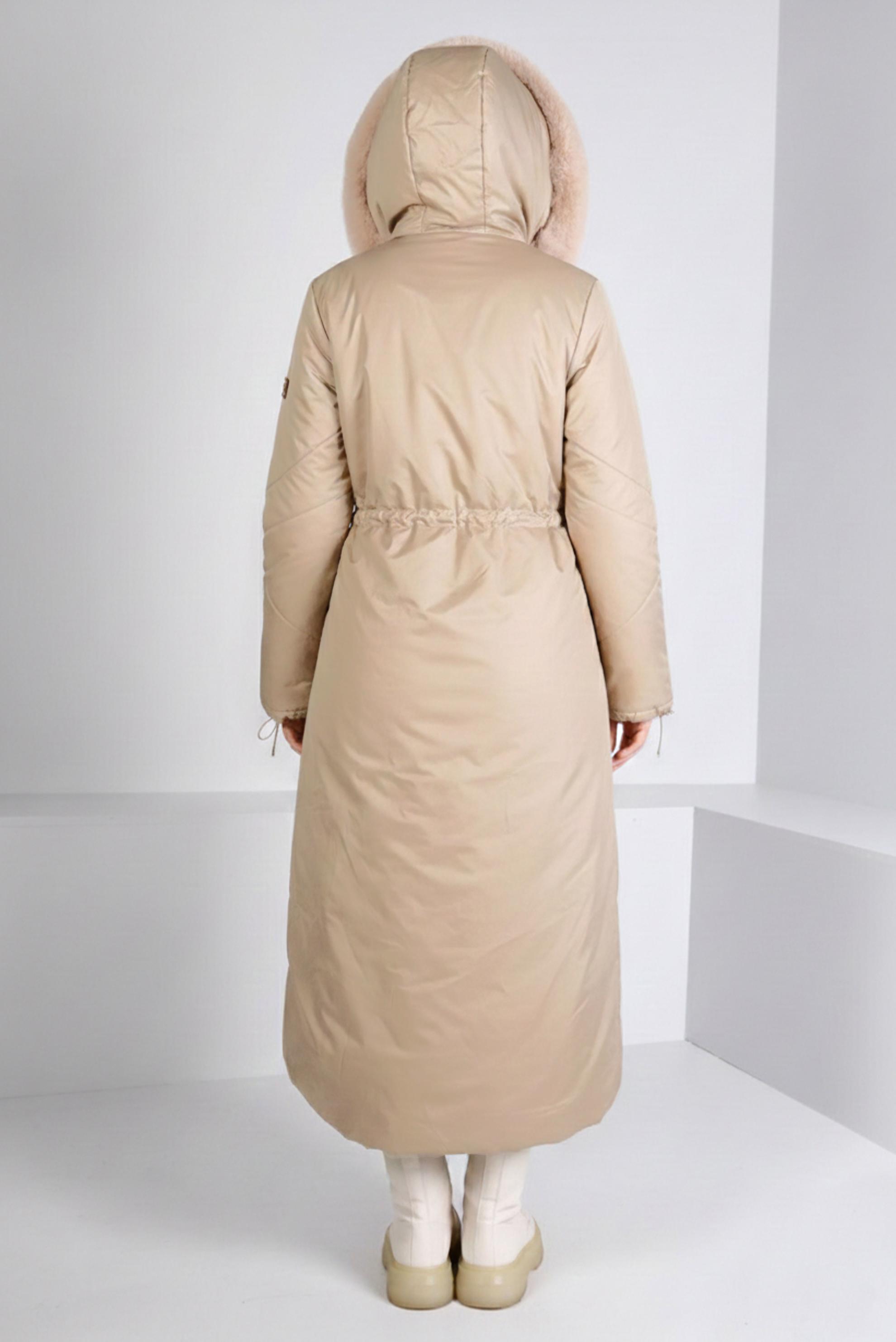Tesettür giyim BEJ MANŞETLERİ BÜZGÜLÜ KAPÜŞONLU KABAN 90324