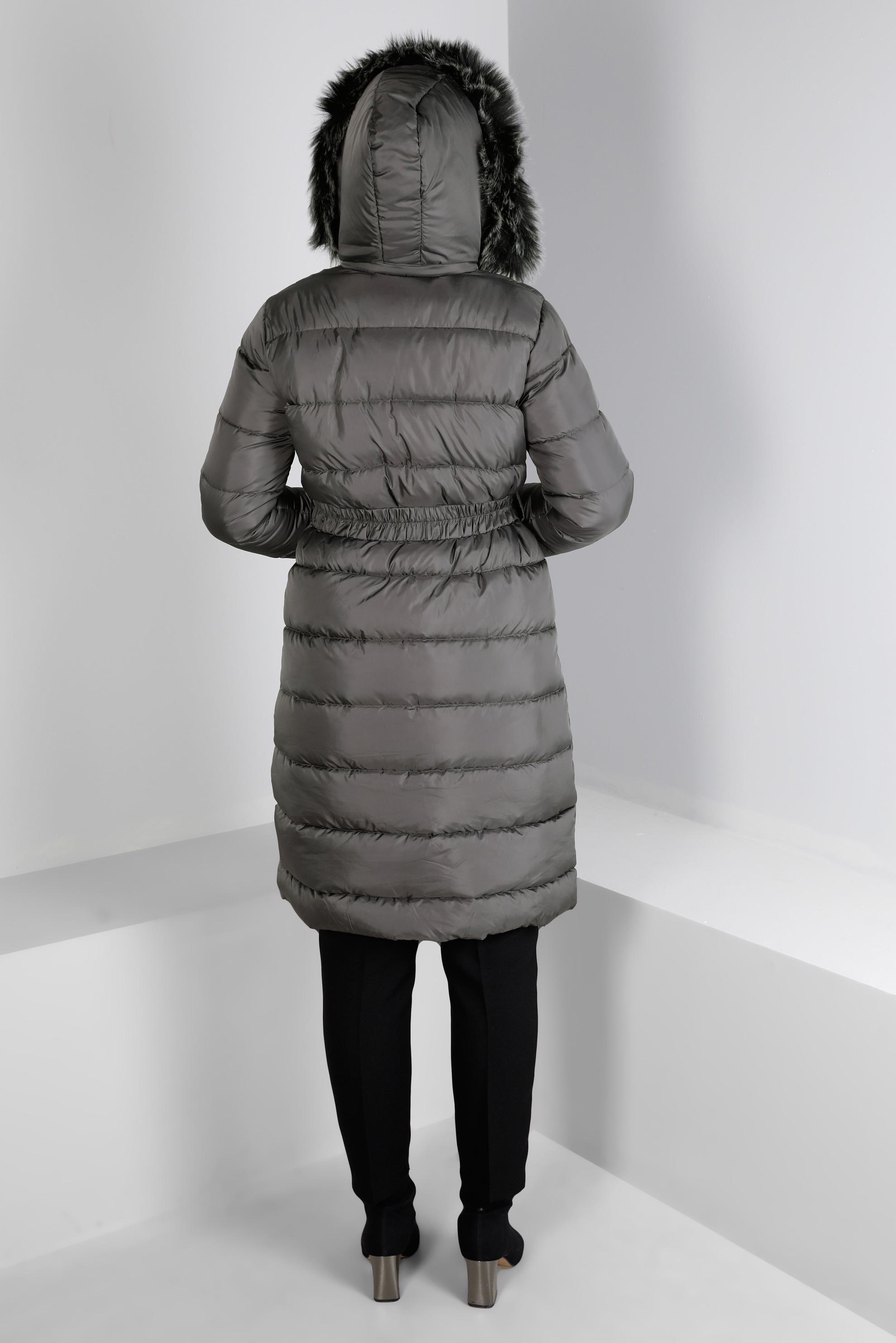 Tesettür giyim GRİ KAPÜŞONU KÜRKLÜ KEMERLİ ŞİŞME KABAN 90327