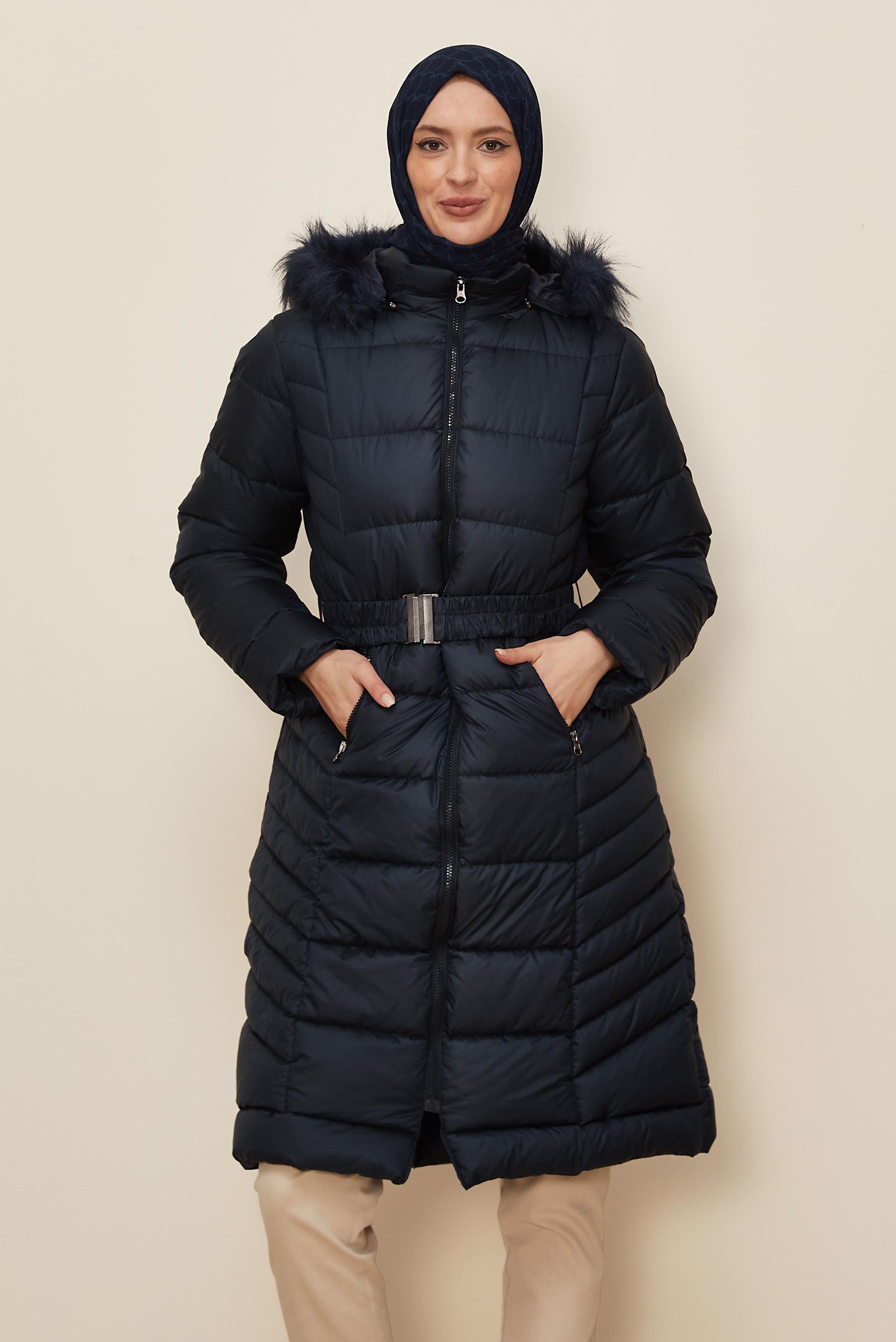 Hijab clothing NAVY BLUE FURRY HOODED BELTED PUFFER COAT 90327
