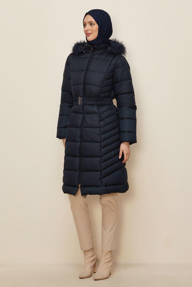 Hijab clothing NAVY BLUE FURRY HOODED BELTED PUFFER COAT 90327 - ALVİNA