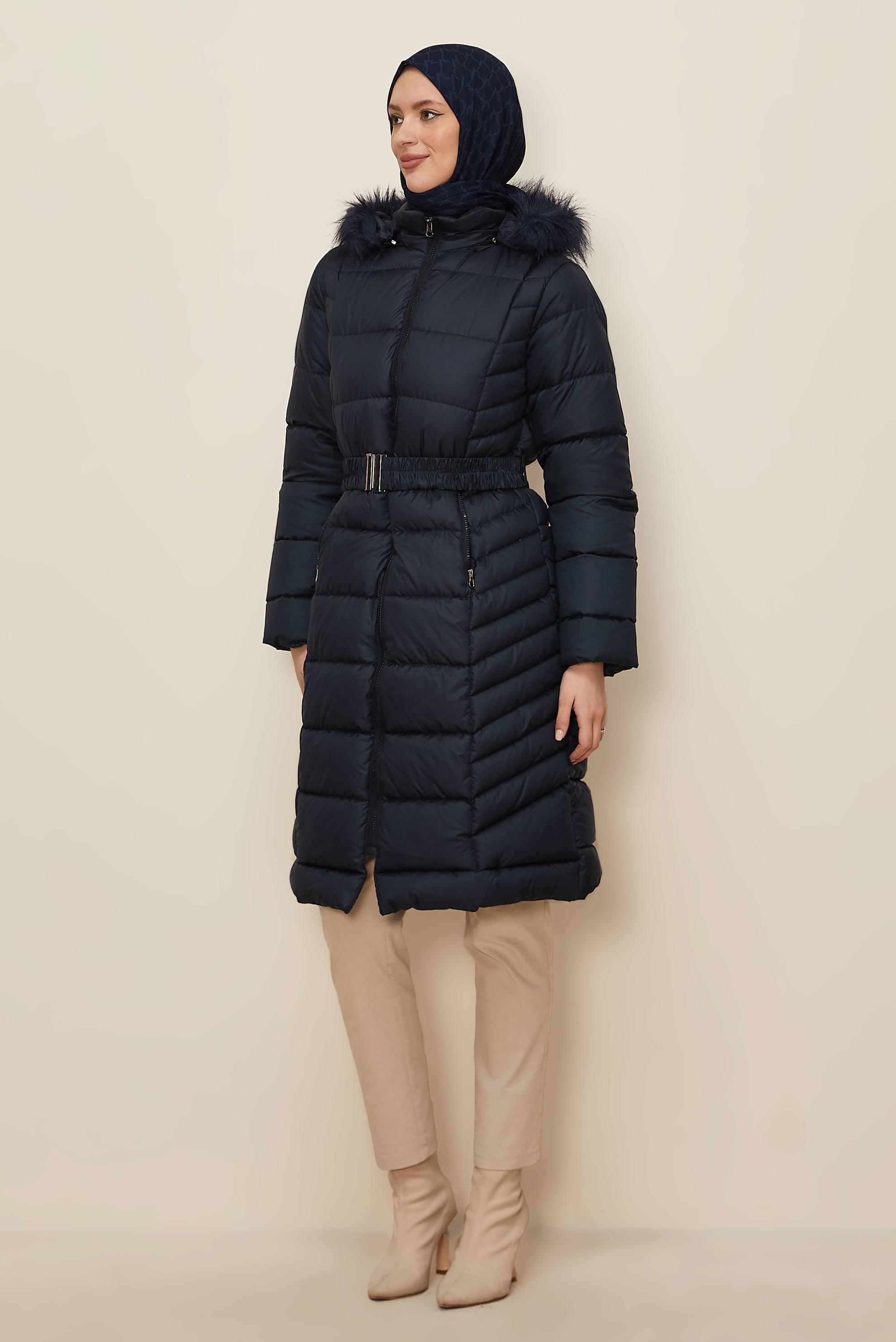 Hijab clothing NAVY BLUE FURRY HOODED BELTED PUFFER COAT 90327