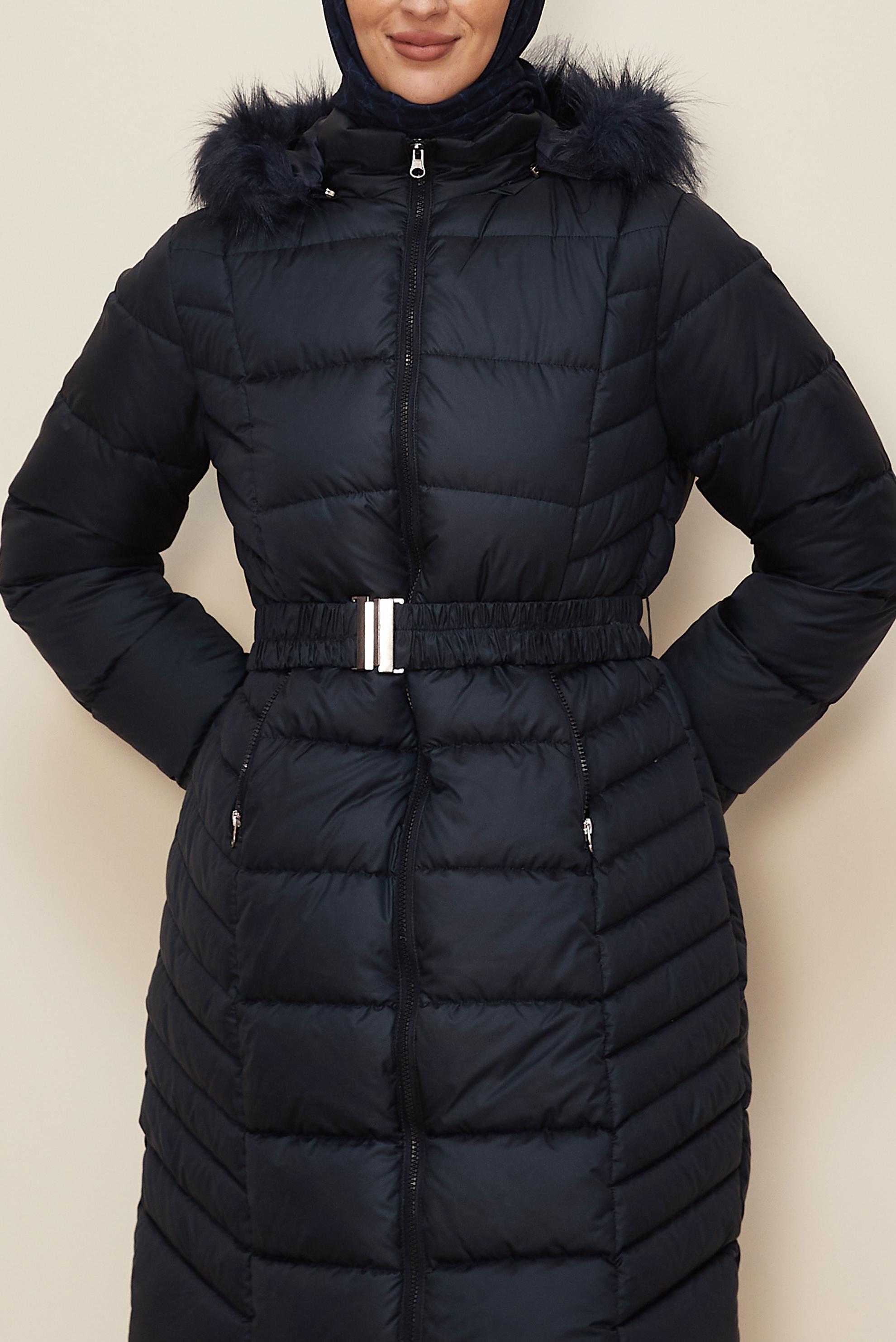 Hijab clothing NAVY BLUE FURRY HOODED BELTED PUFFER COAT 90327
