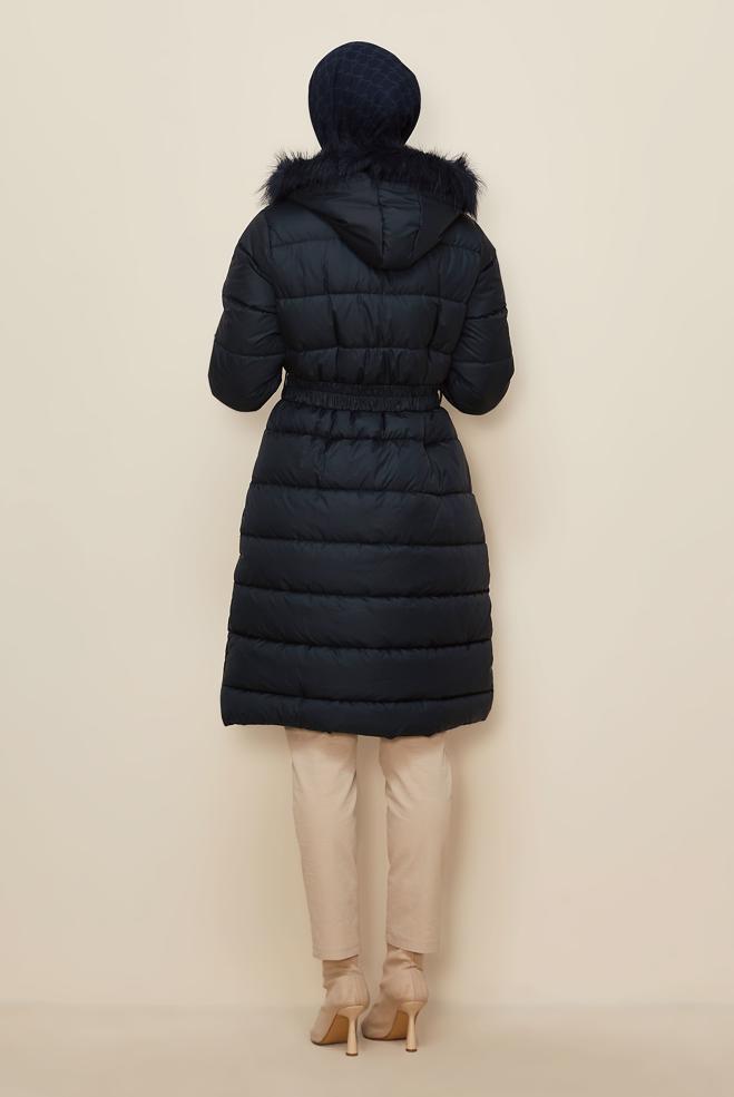 Hijab clothing NAVY BLUE FURRY HOODED BELTED PUFFER COAT 90327 - ALVİNA