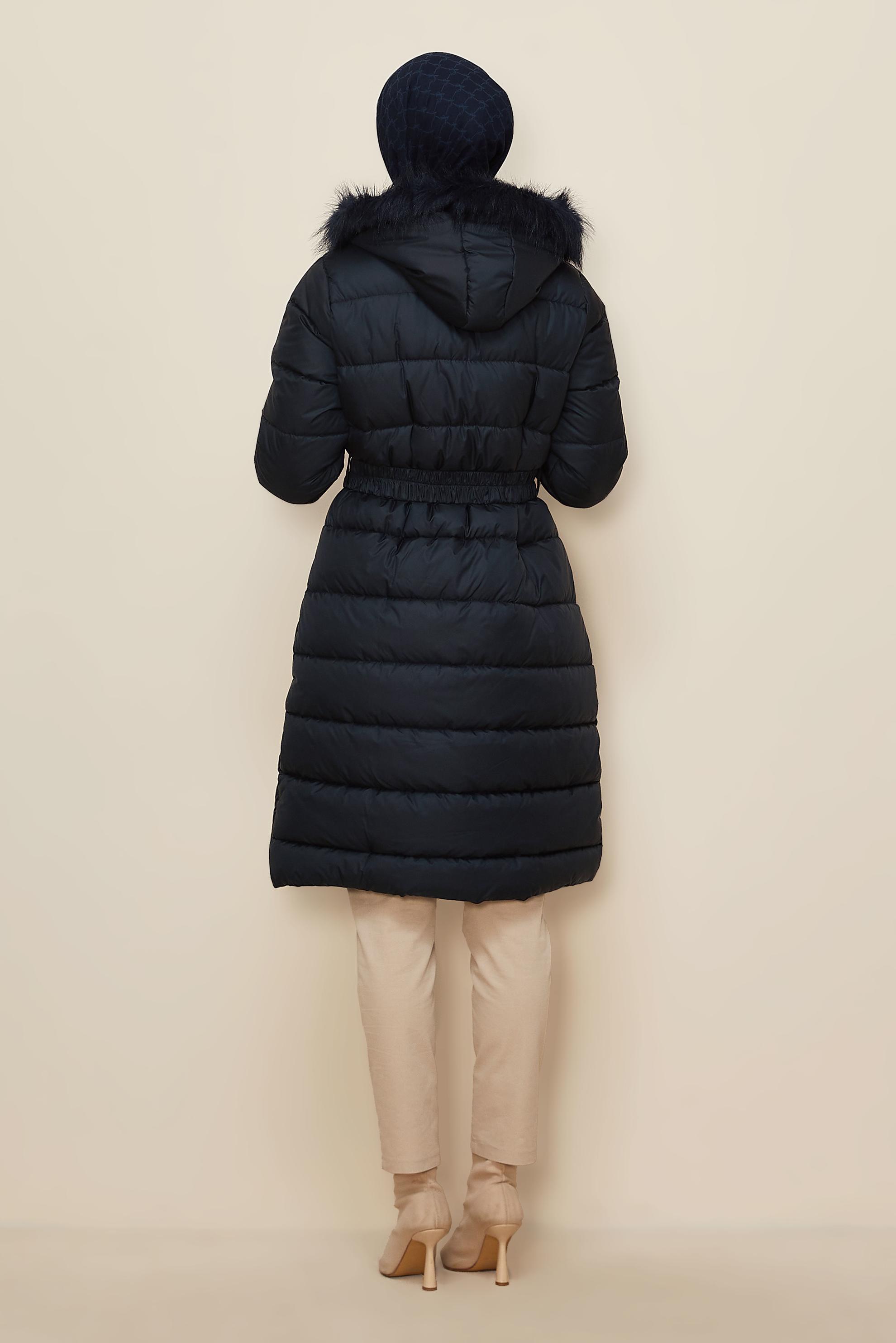 Hijab clothing NAVY BLUE FURRY HOODED BELTED PUFFER COAT 90327