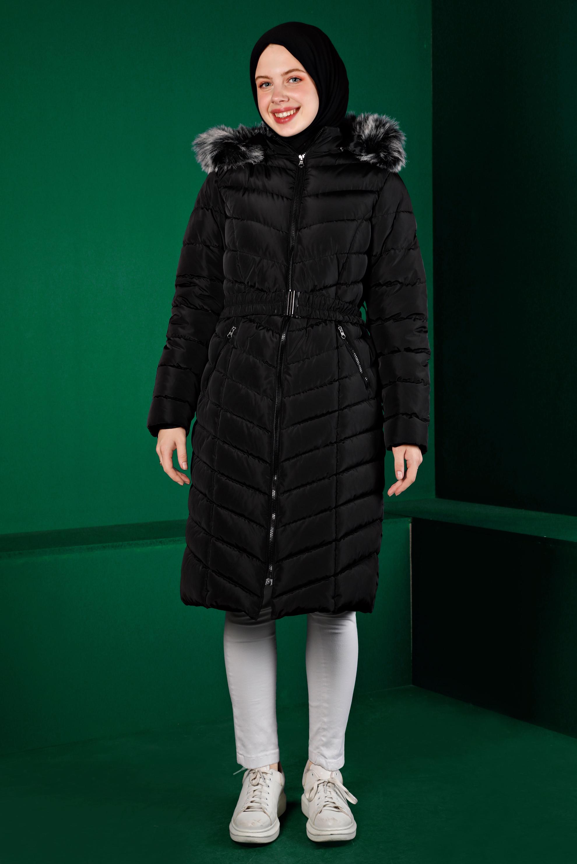 Tesettür giyim SİYAH KEMERLİ KAPÜŞONLU ŞİŞME KABAN 90328