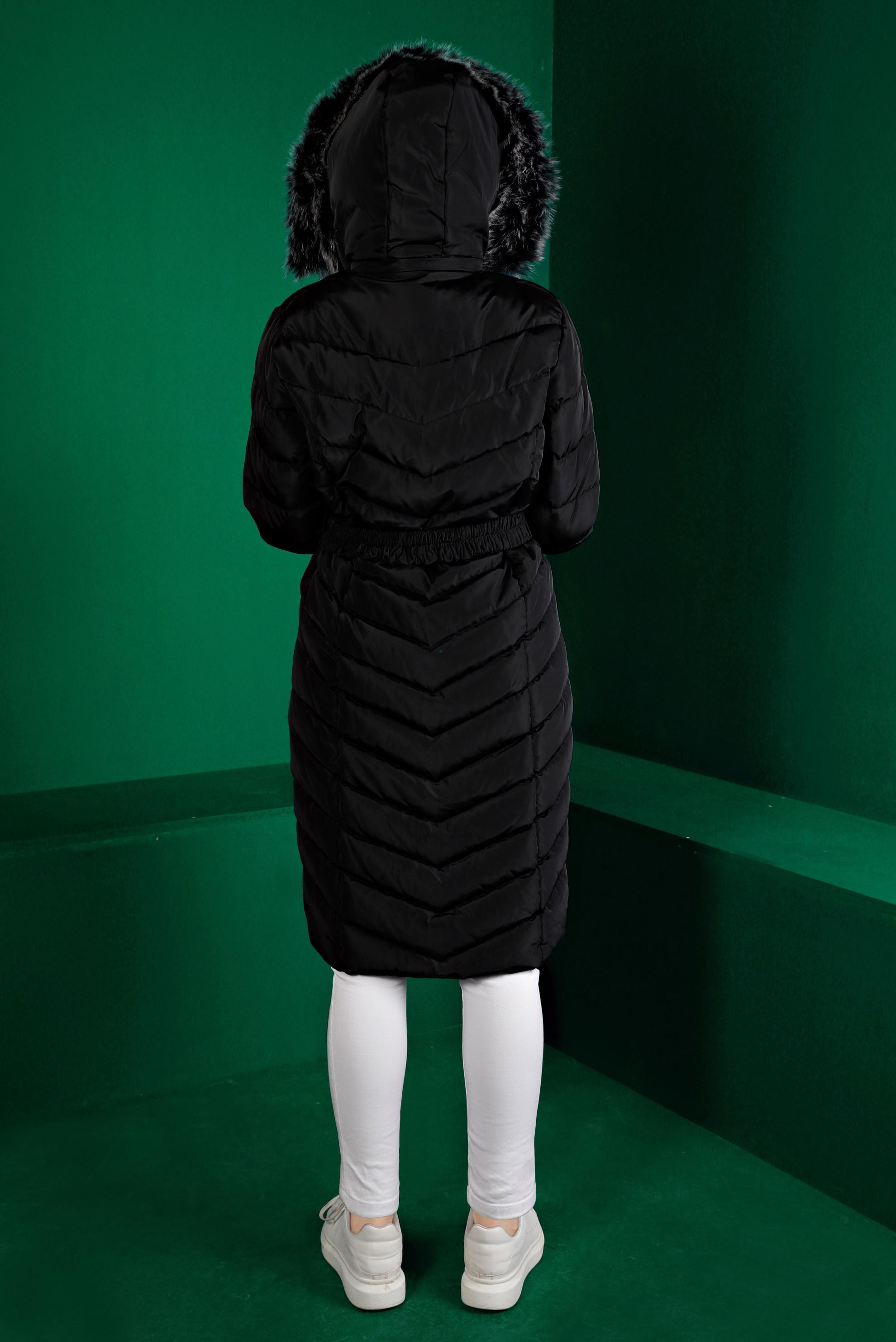 Tesettür giyim SİYAH KEMERLİ KAPÜŞONLU ŞİŞME KABAN 90328