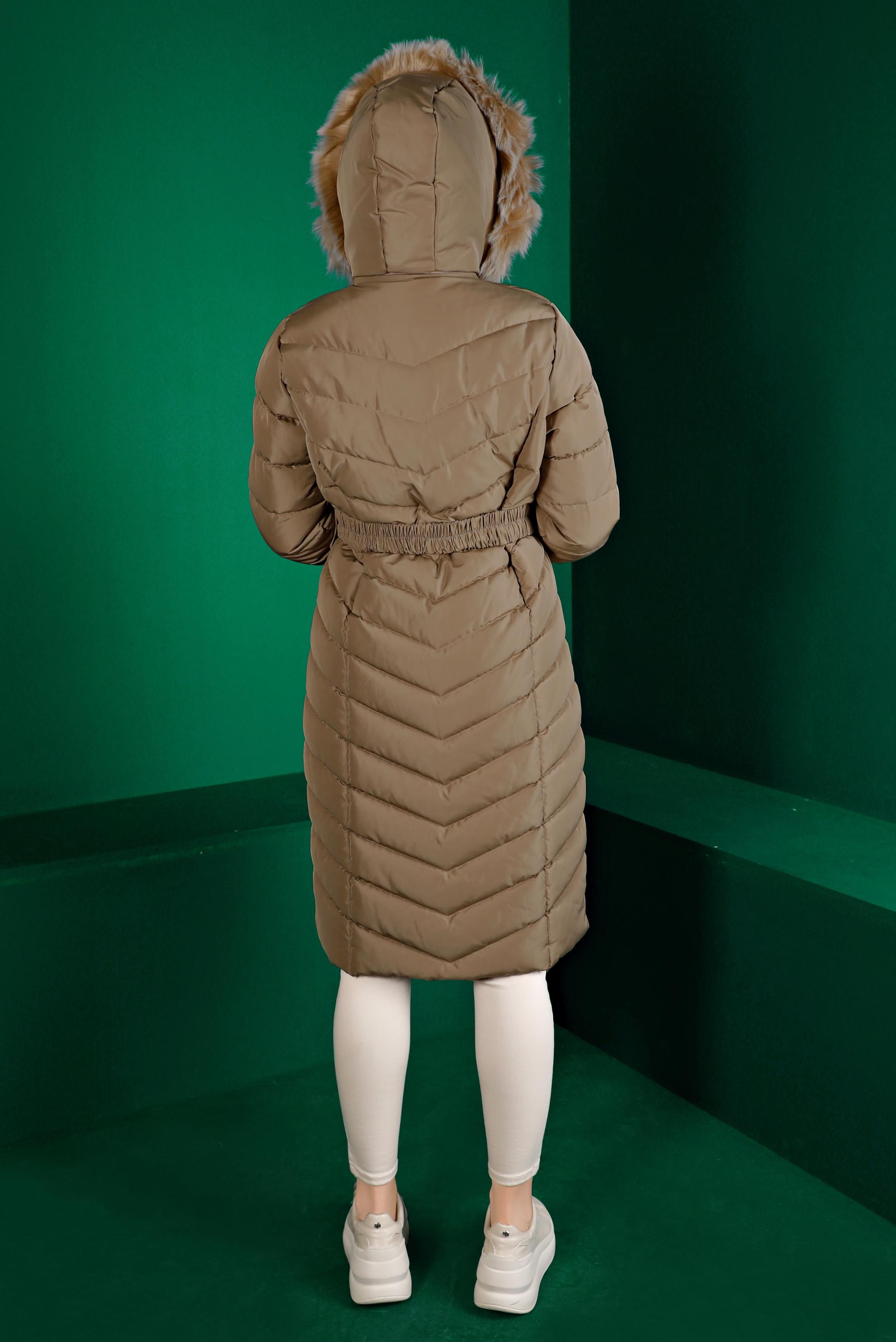 Tesettür giyim KAHVE KEMERLİ KAPÜŞONLU ŞİŞME KABAN 90328