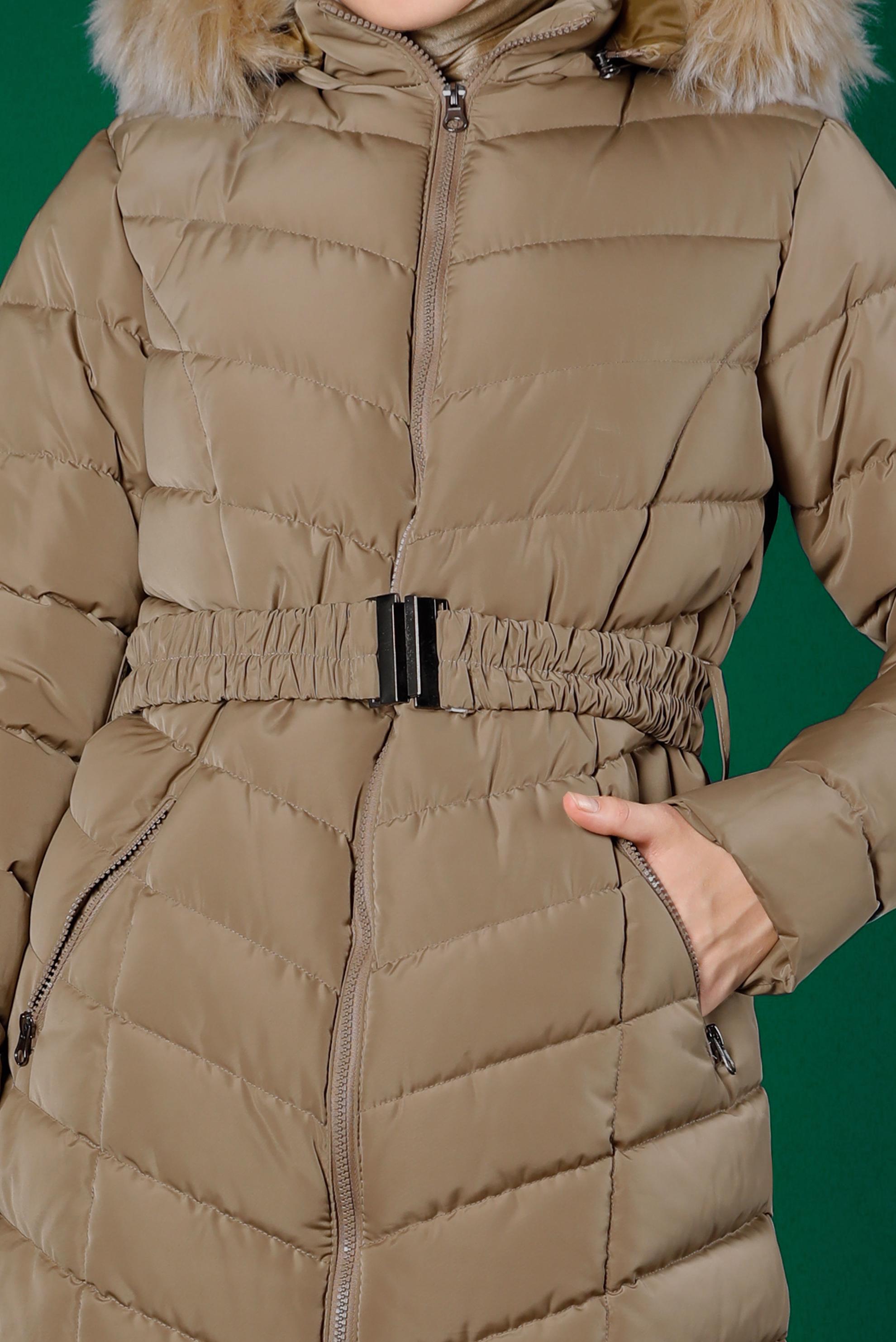 Tesettür giyim KAHVE KEMERLİ KAPÜŞONLU ŞİŞME KABAN 90328