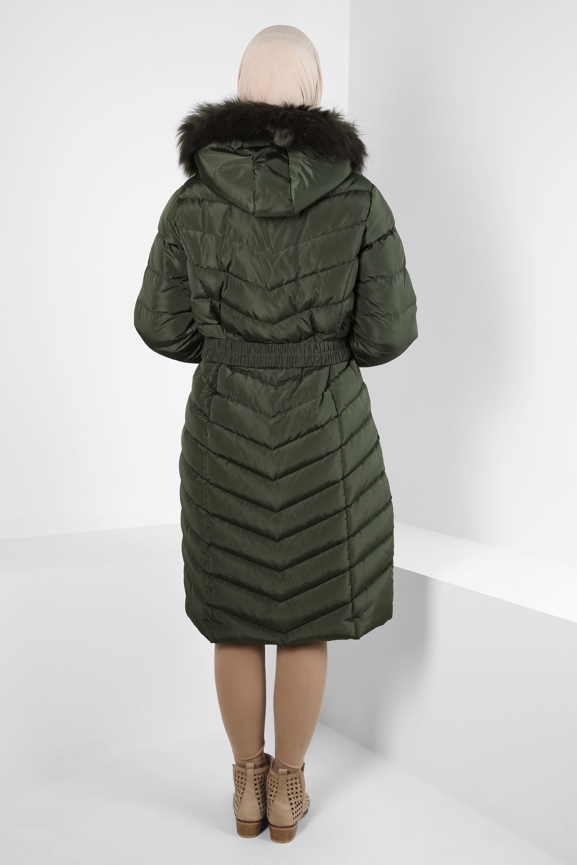 Tesettür giyim HAKİ KEMERLİ KAPÜŞONLU ŞİŞME KABAN 90328