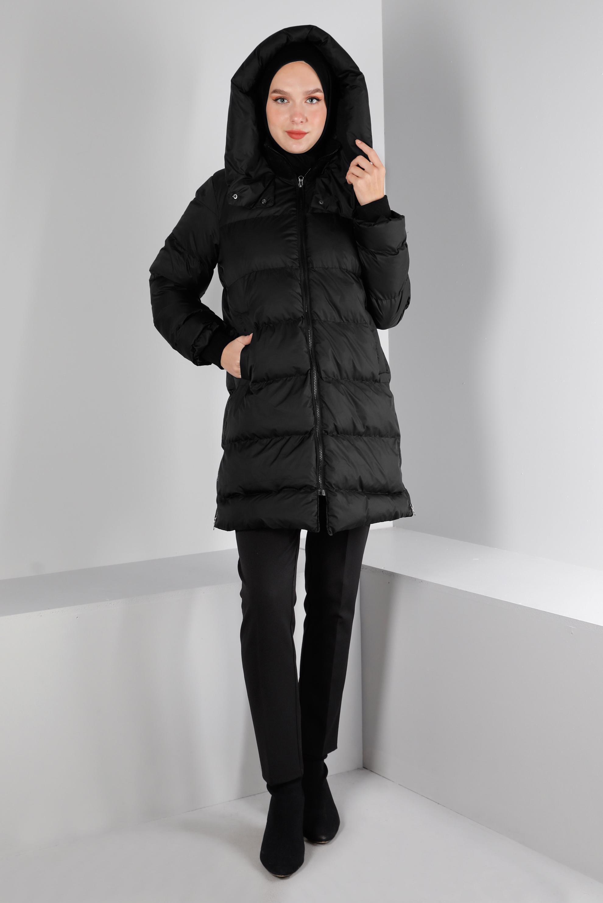 Tesettür giyim SİYAH FERMUARLI KAPÜŞONLU ŞİŞME KABAN 90331