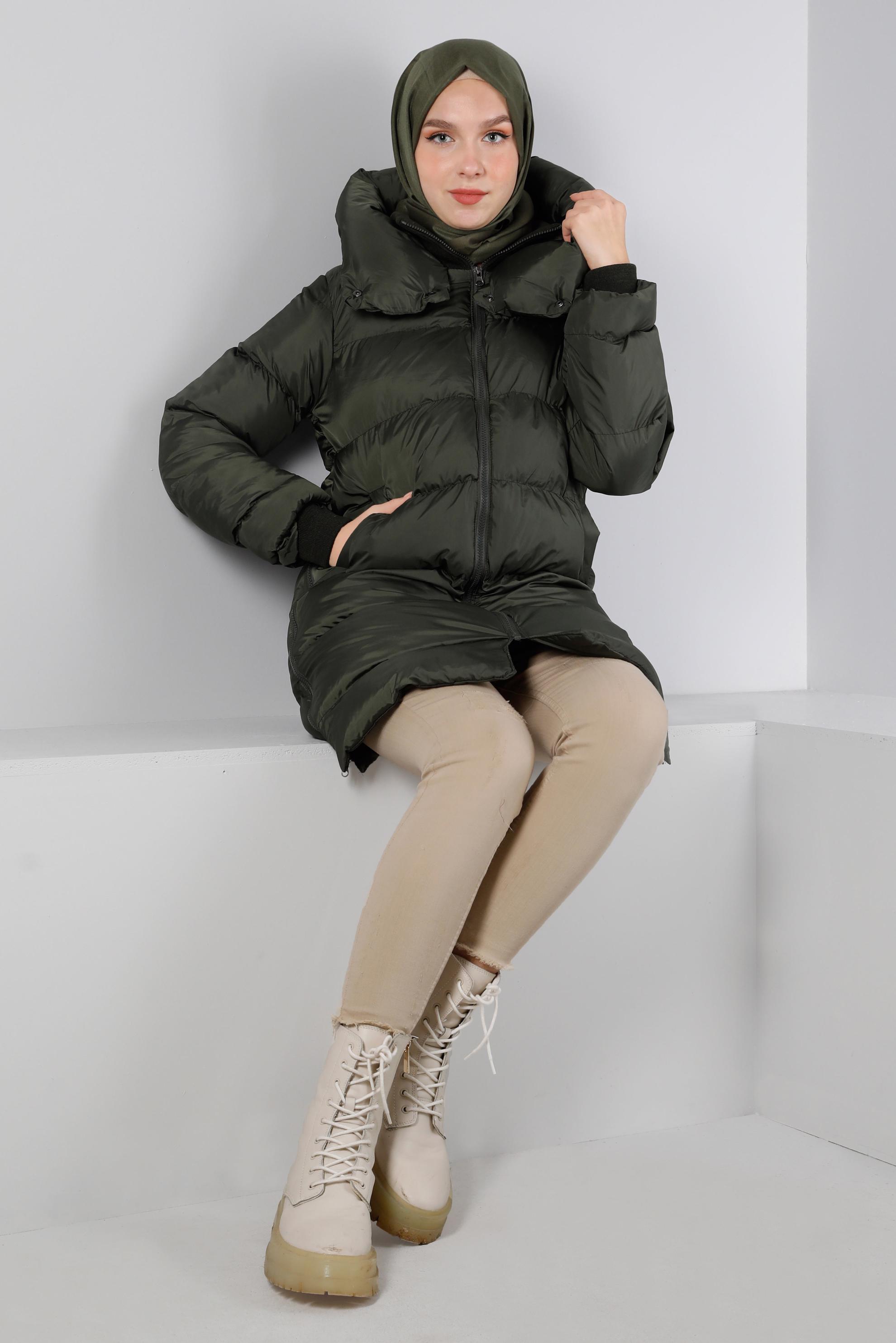 Hijab clothing KHAKI ZIPPED HOODED PUFFER COAT 90331