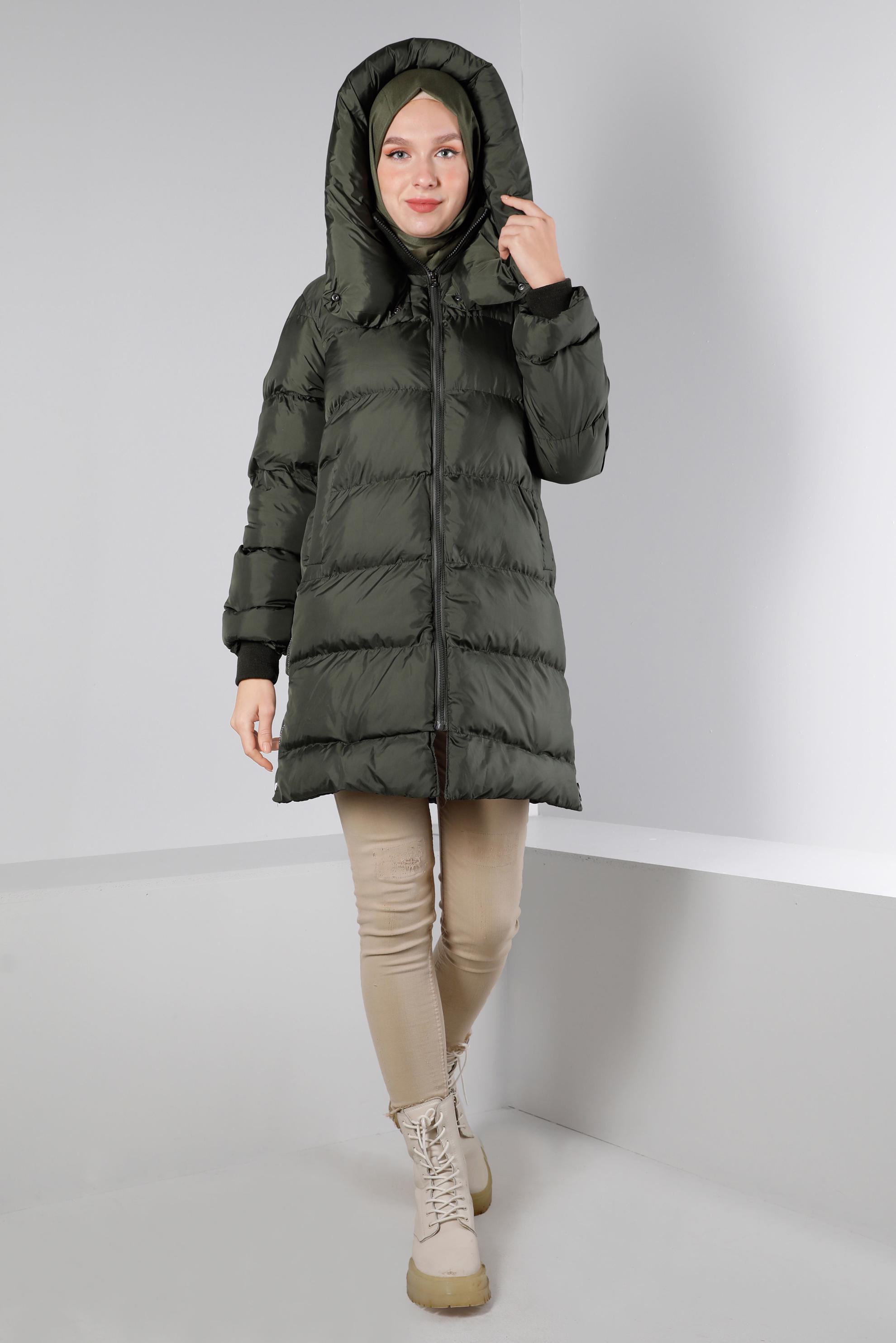 Hijab clothing KHAKI ZIPPED HOODED PUFFER COAT 90331