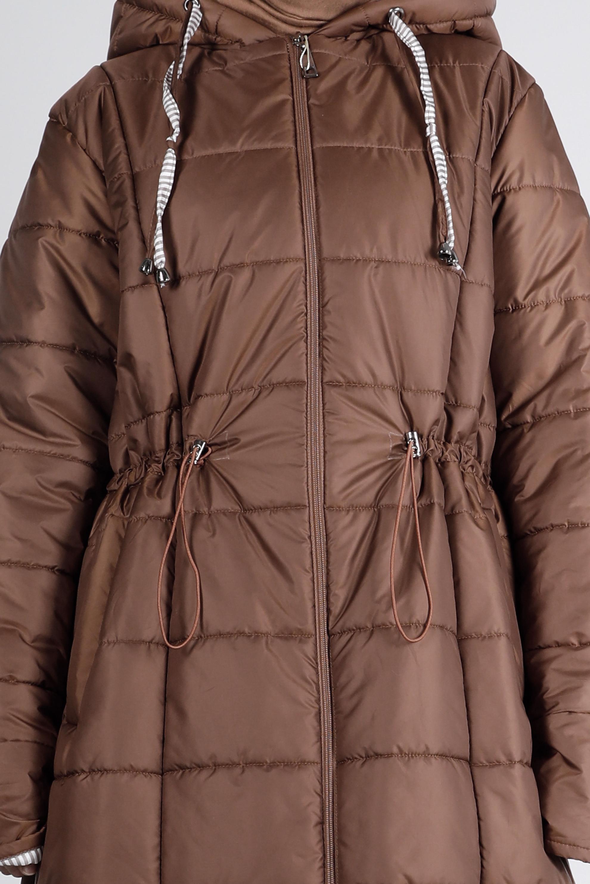 Tesettür giyim TABA BELİ BÜZGÜLÜ KAPÜŞONLU ŞİŞME KABAN 90332 