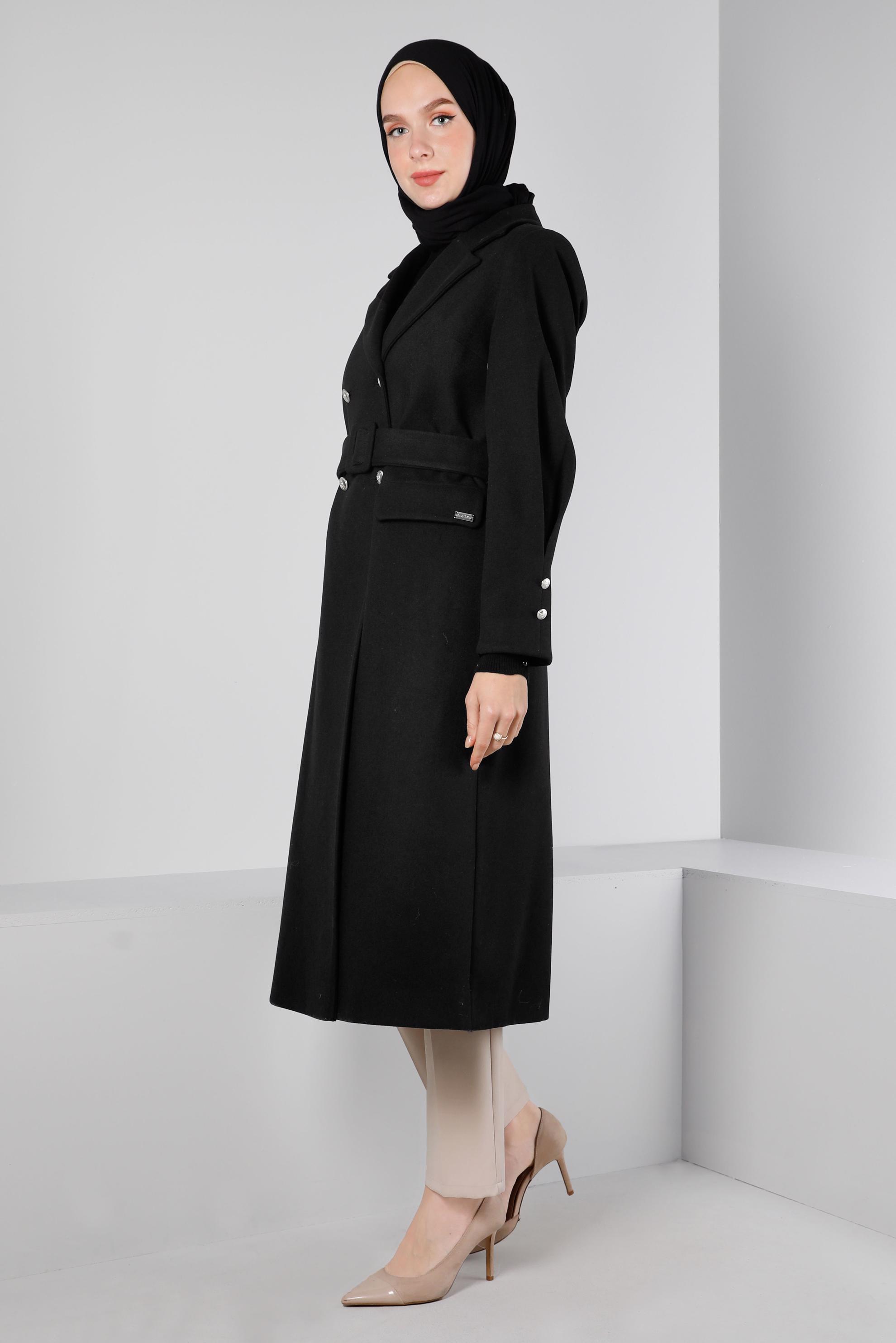Tesettür giyim SİYAH DÜĞMELİ KUŞAKLI KABAN 90339 