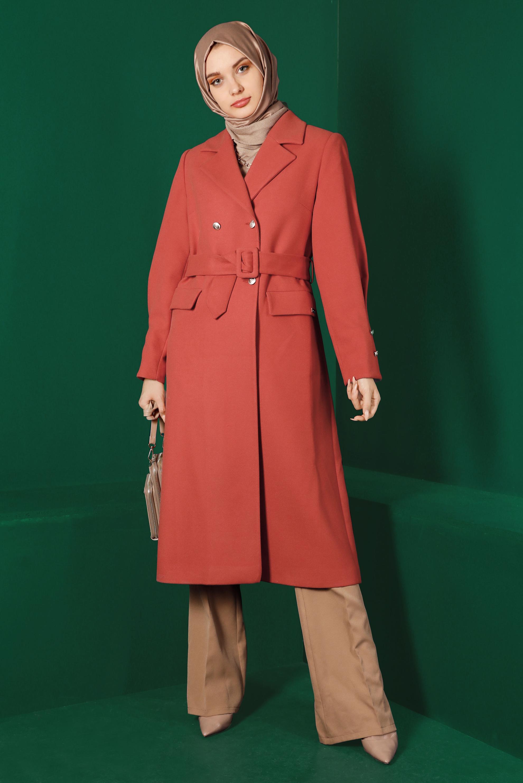 Tesettür giyim TURUNCU DÜĞMELİ KUŞAKLI KABAN 90339 