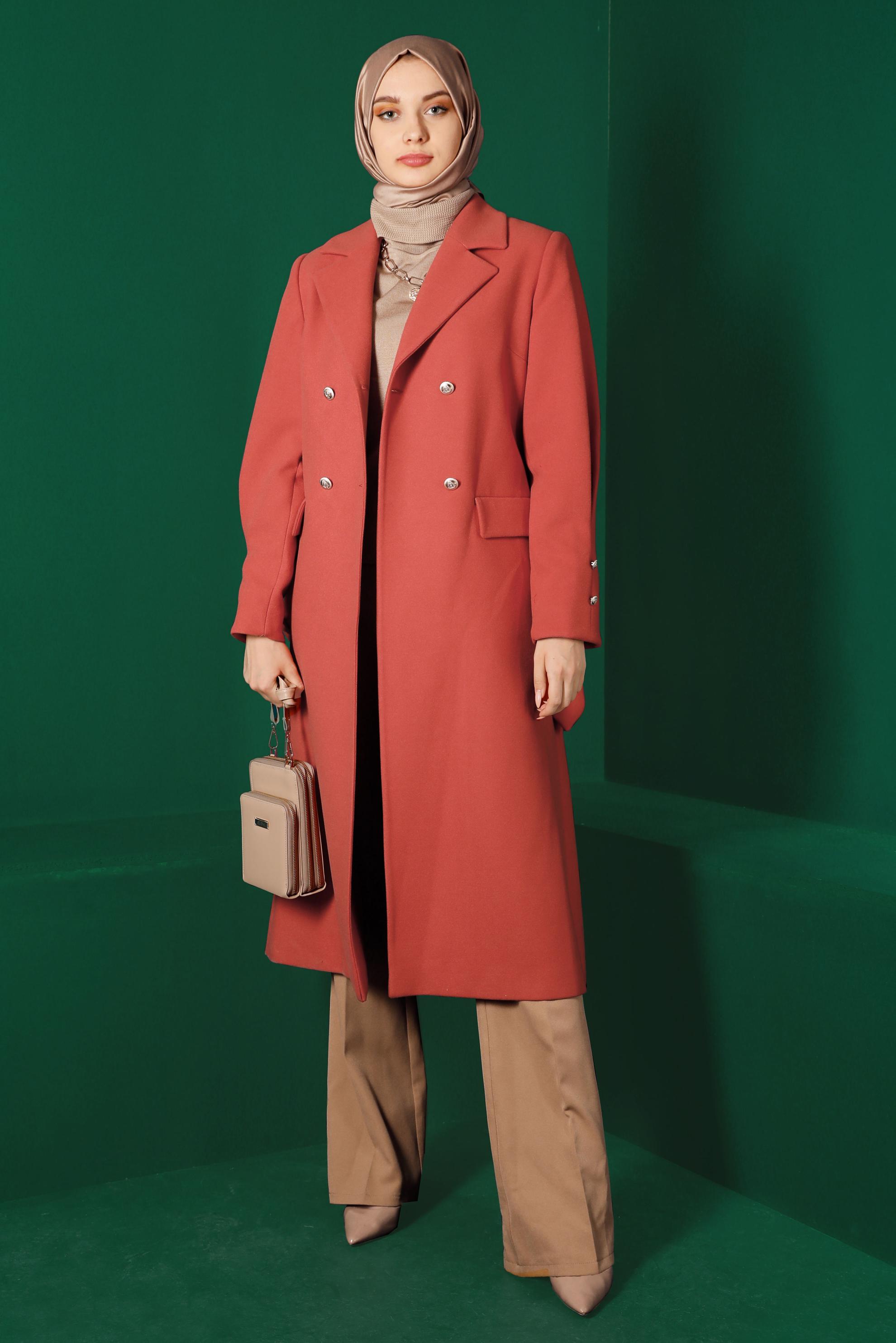 Tesettür giyim TURUNCU DÜĞMELİ KUŞAKLI KABAN 90339 