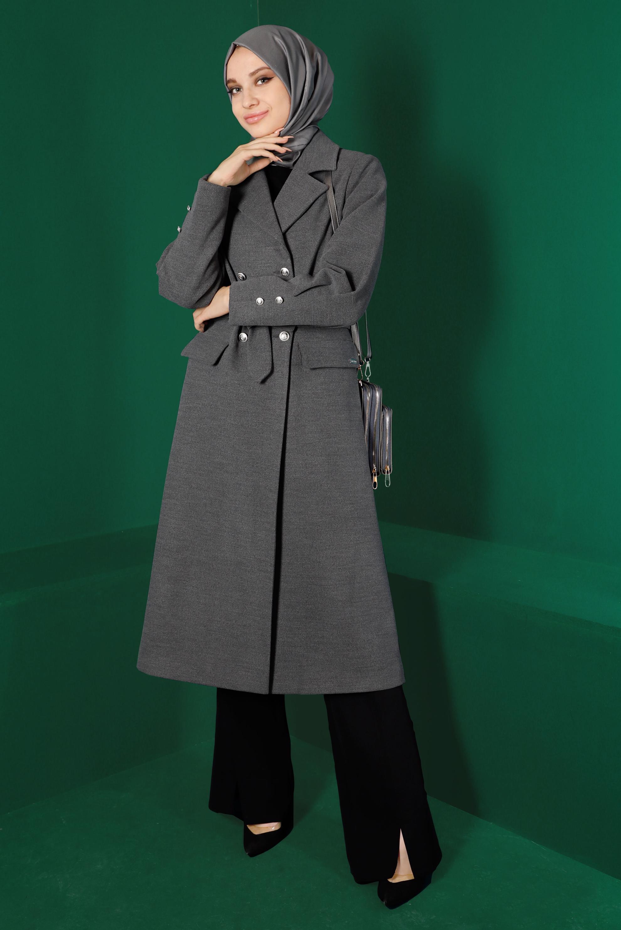 Tesettür giyim GRİ DÜĞMELİ KUŞAKLI KABAN 90339 