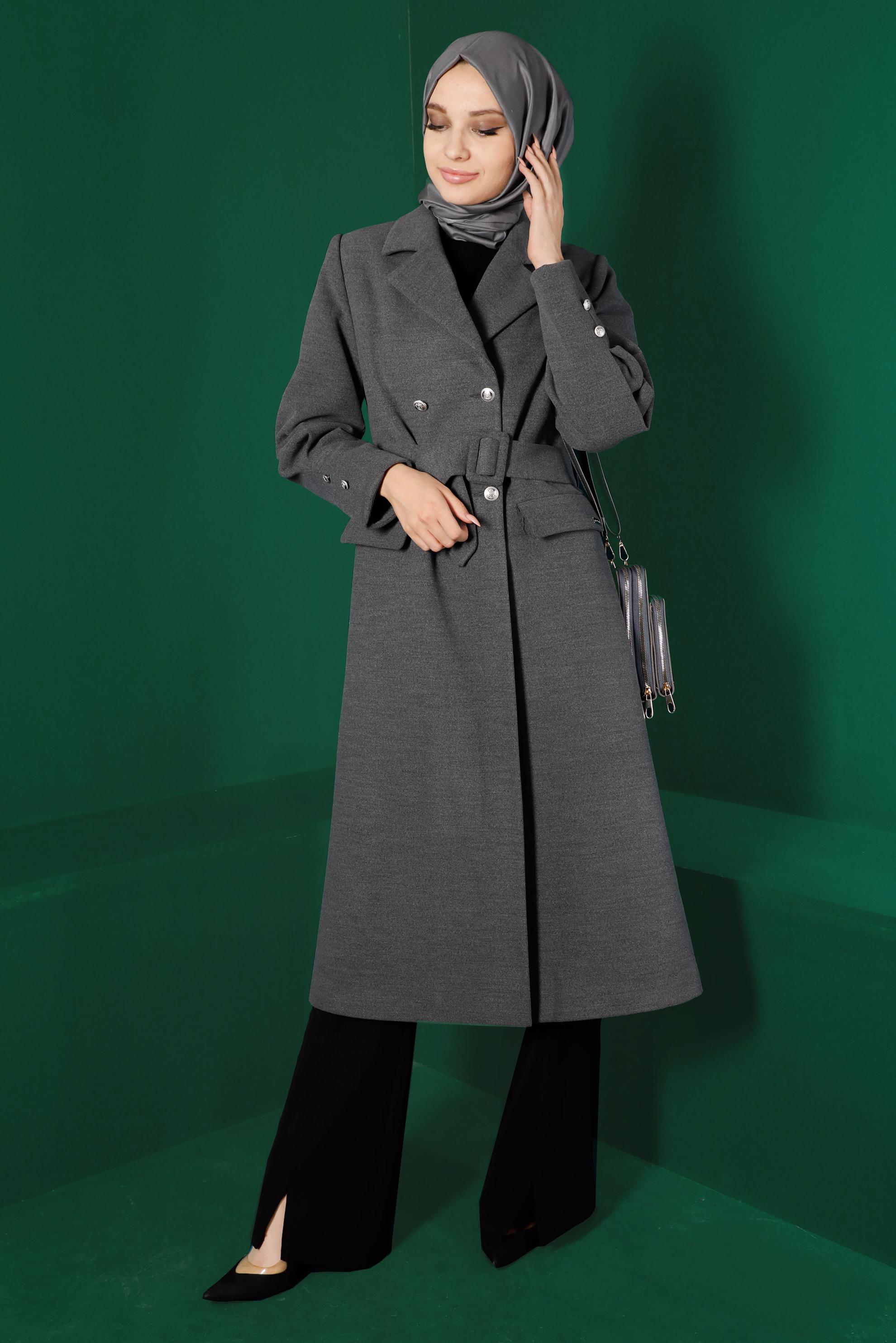 Tesettür giyim GRİ DÜĞMELİ KUŞAKLI KABAN 90339 