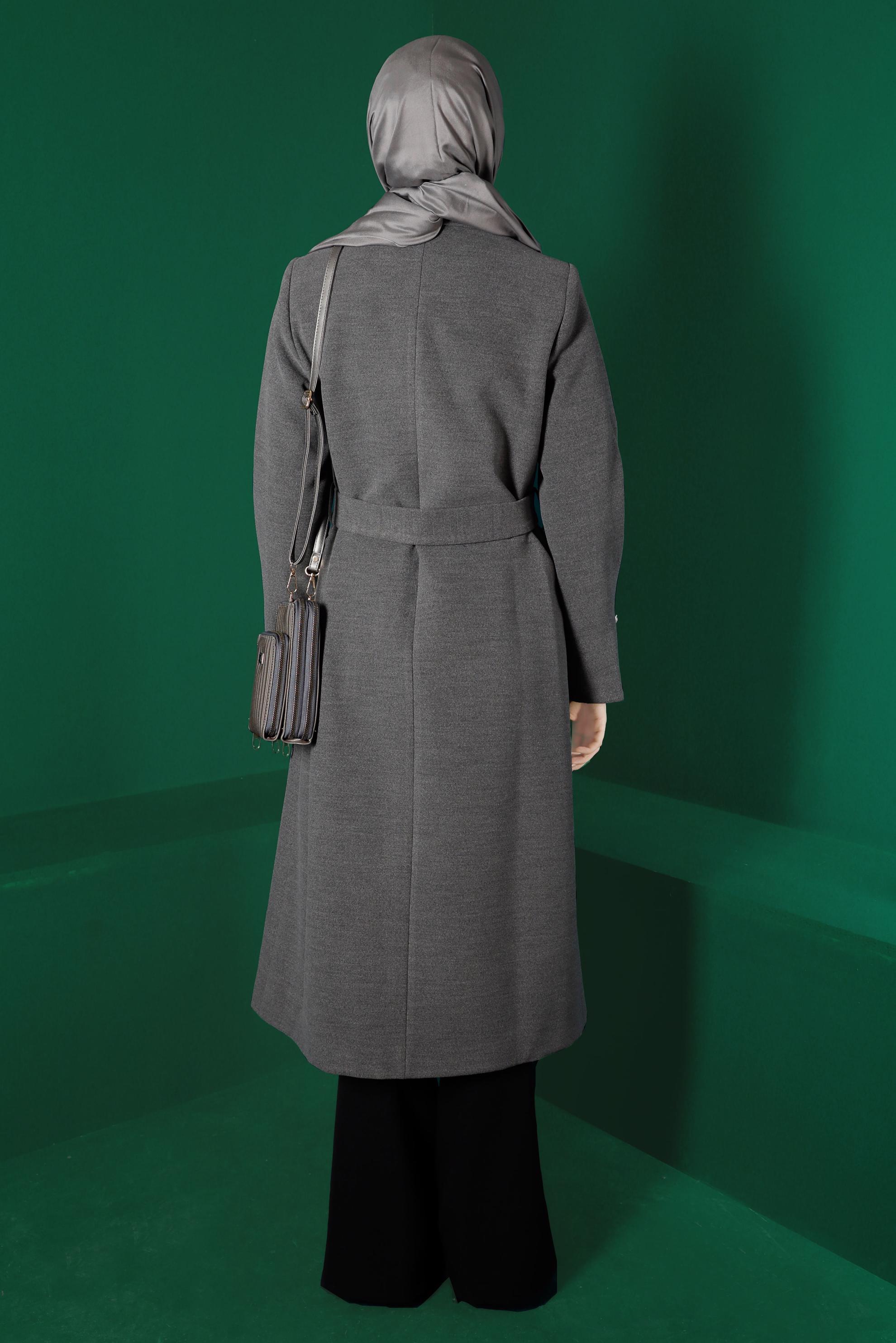 Tesettür giyim GRİ DÜĞMELİ KUŞAKLI KABAN 90339 