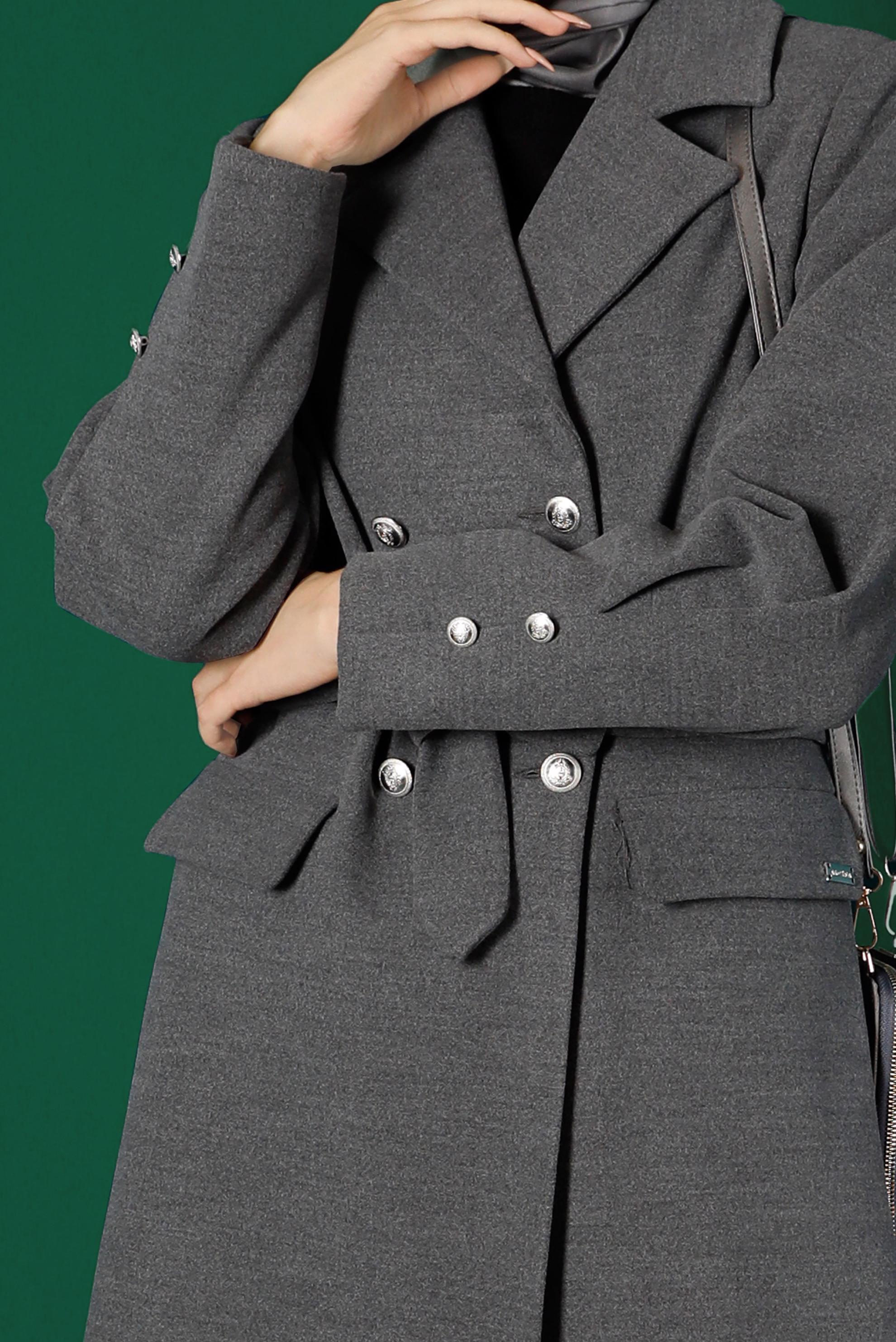 Tesettür giyim GRİ DÜĞMELİ KUŞAKLI KABAN 90339 