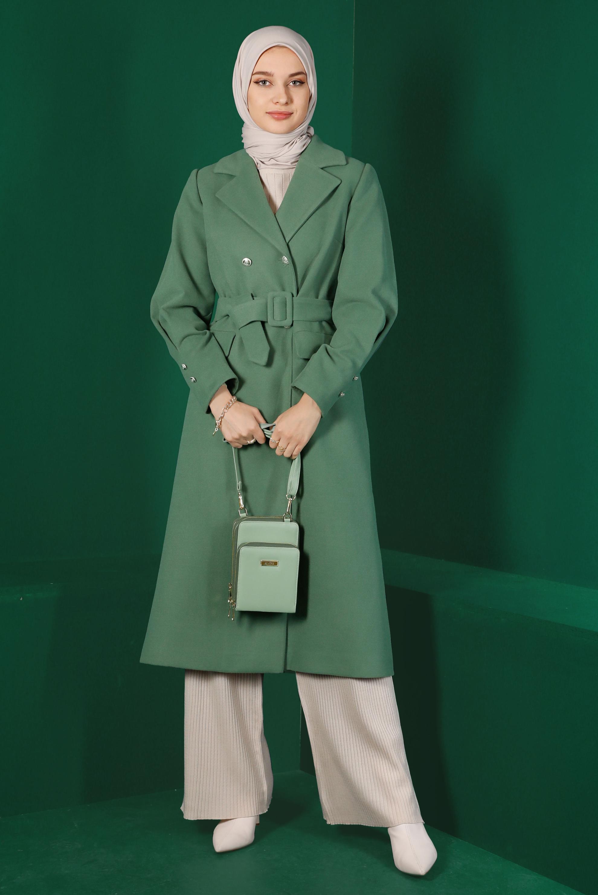 Tesettür giyim YEŞİL DÜĞMELİ KUŞAKLI KABAN 90339 