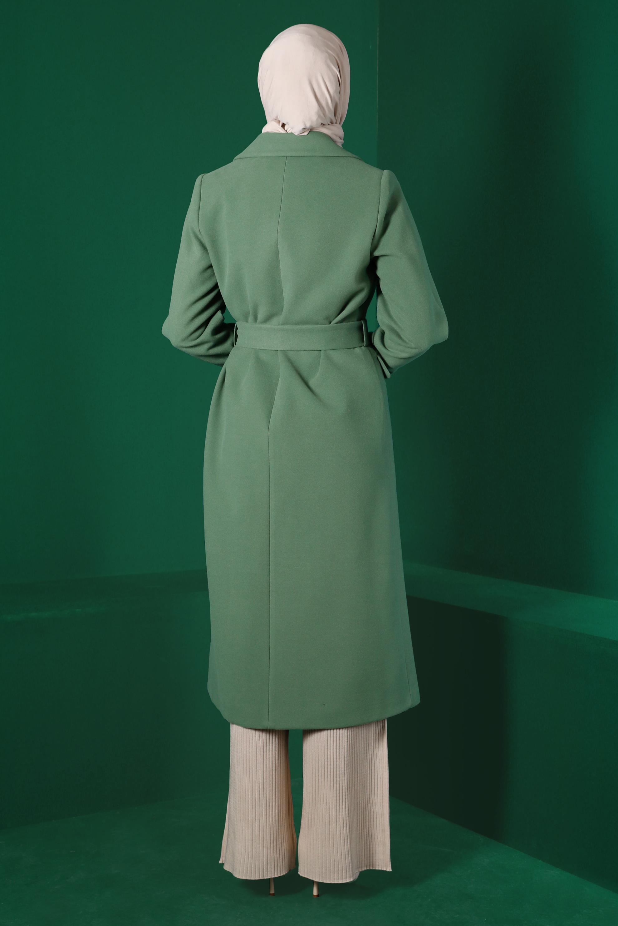 Tesettür giyim YEŞİL DÜĞMELİ KUŞAKLI KABAN 90339 