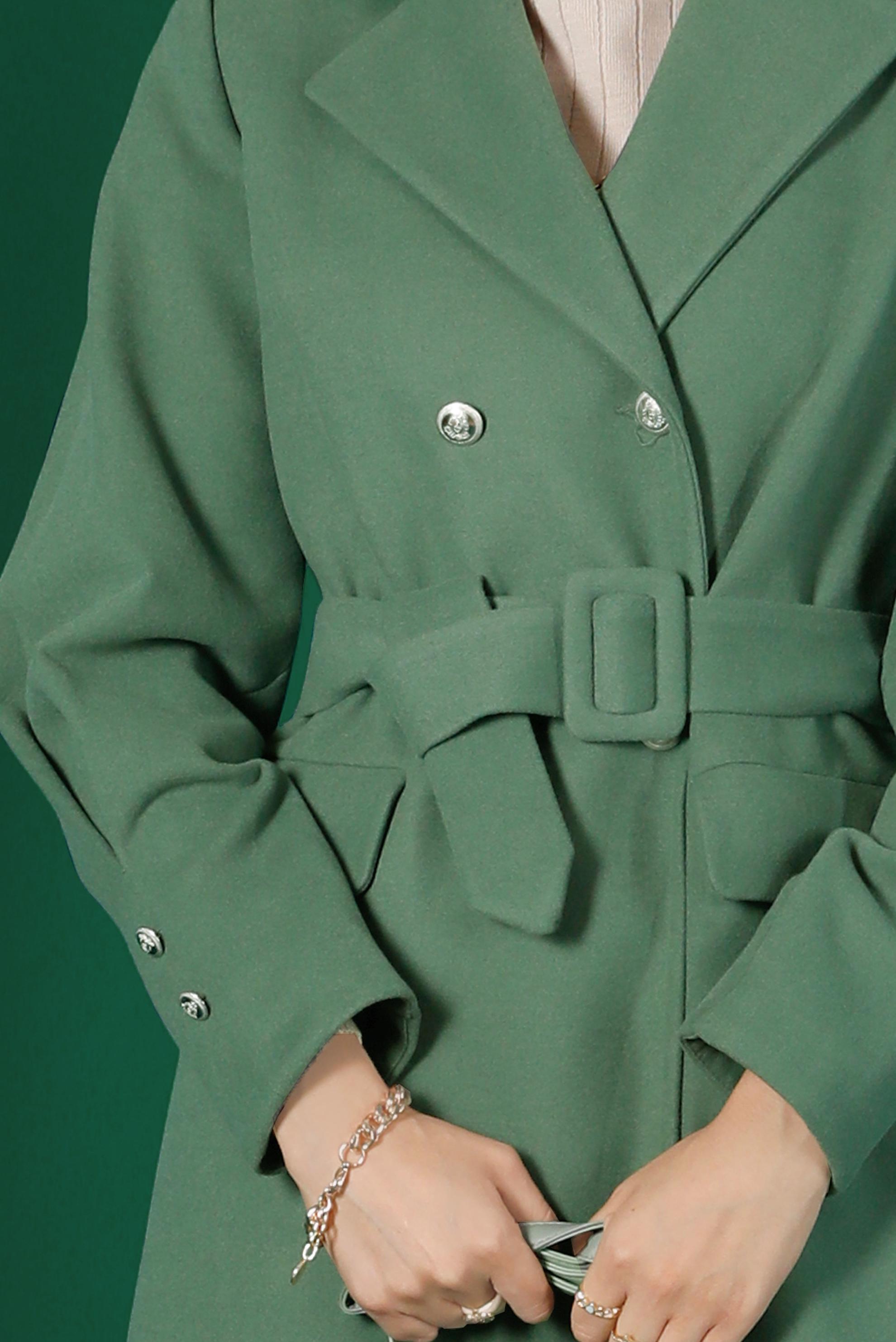 Tesettür giyim YEŞİL DÜĞMELİ KUŞAKLI KABAN 90339 