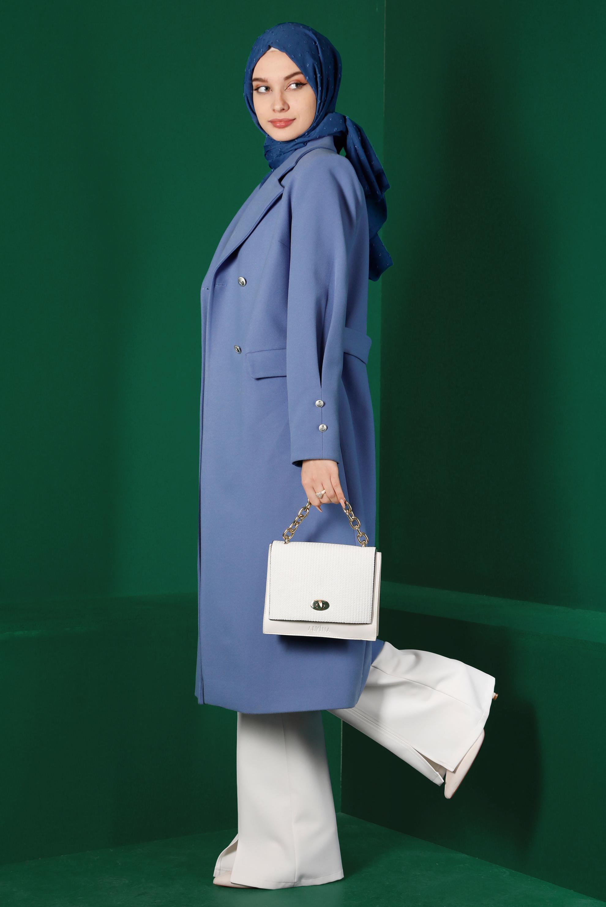 Tesettür giyim MAVİ DÜĞMELİ KUŞAKLI KABAN 90339 