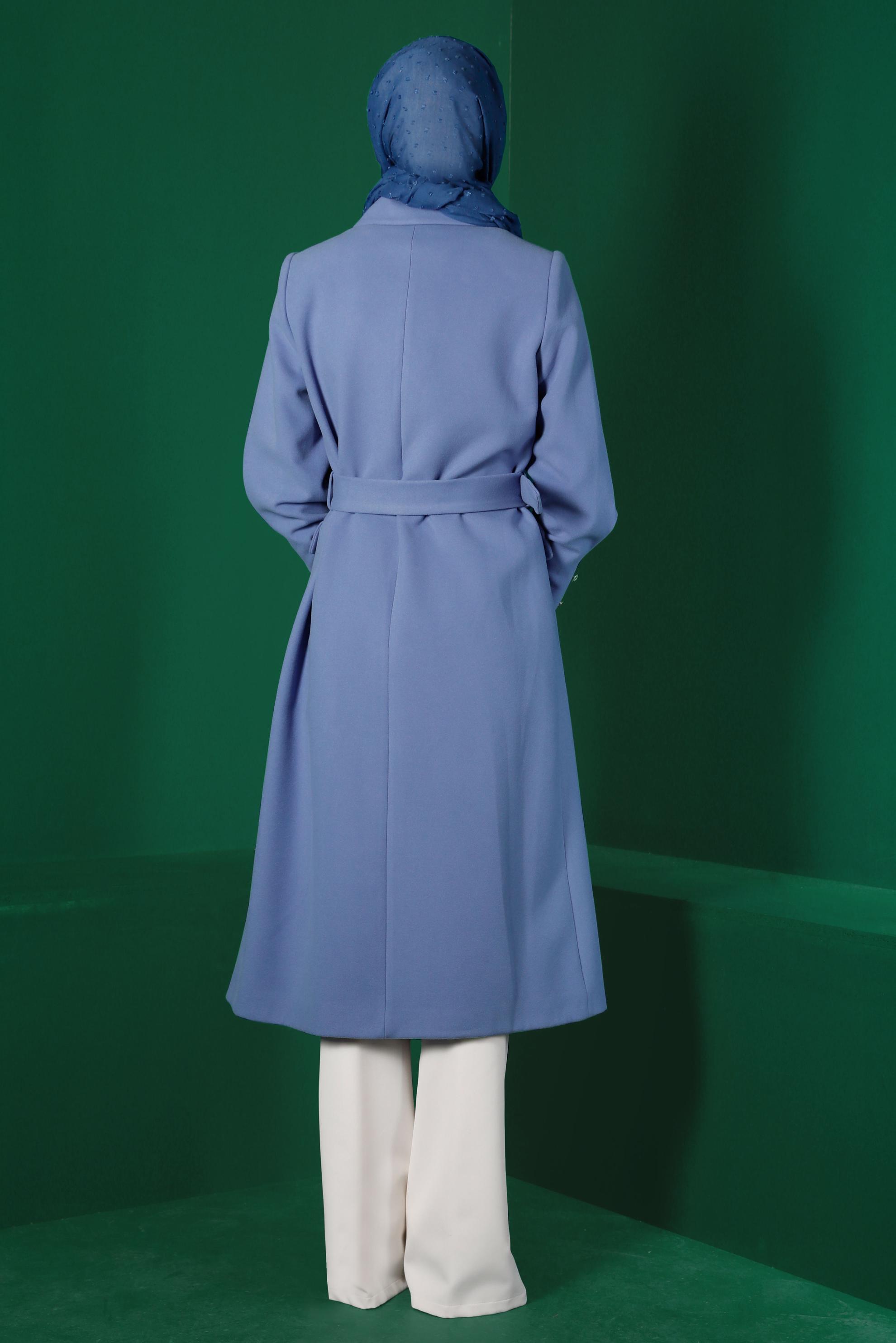 Tesettür giyim MAVİ DÜĞMELİ KUŞAKLI KABAN 90339 