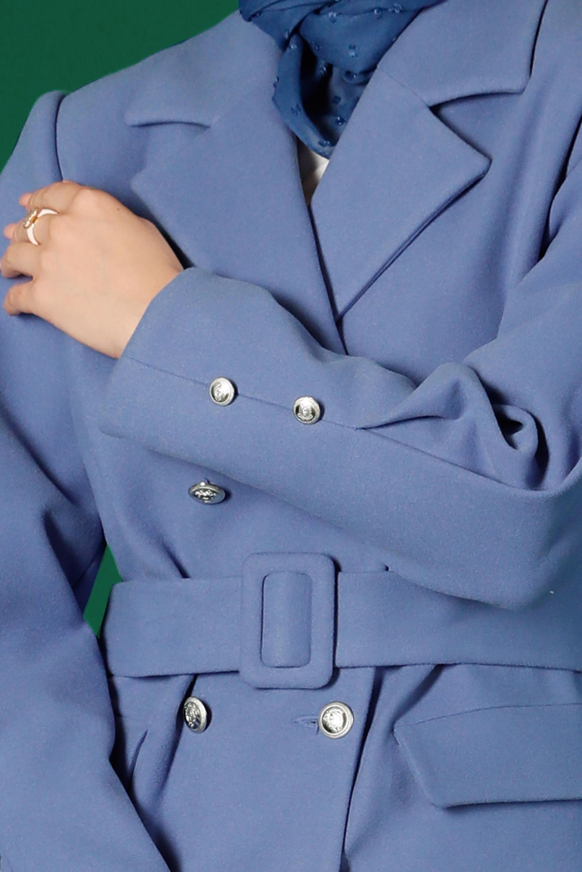 Tesettür giyim MAVİ DÜĞMELİ KUŞAKLI KABAN 90339 