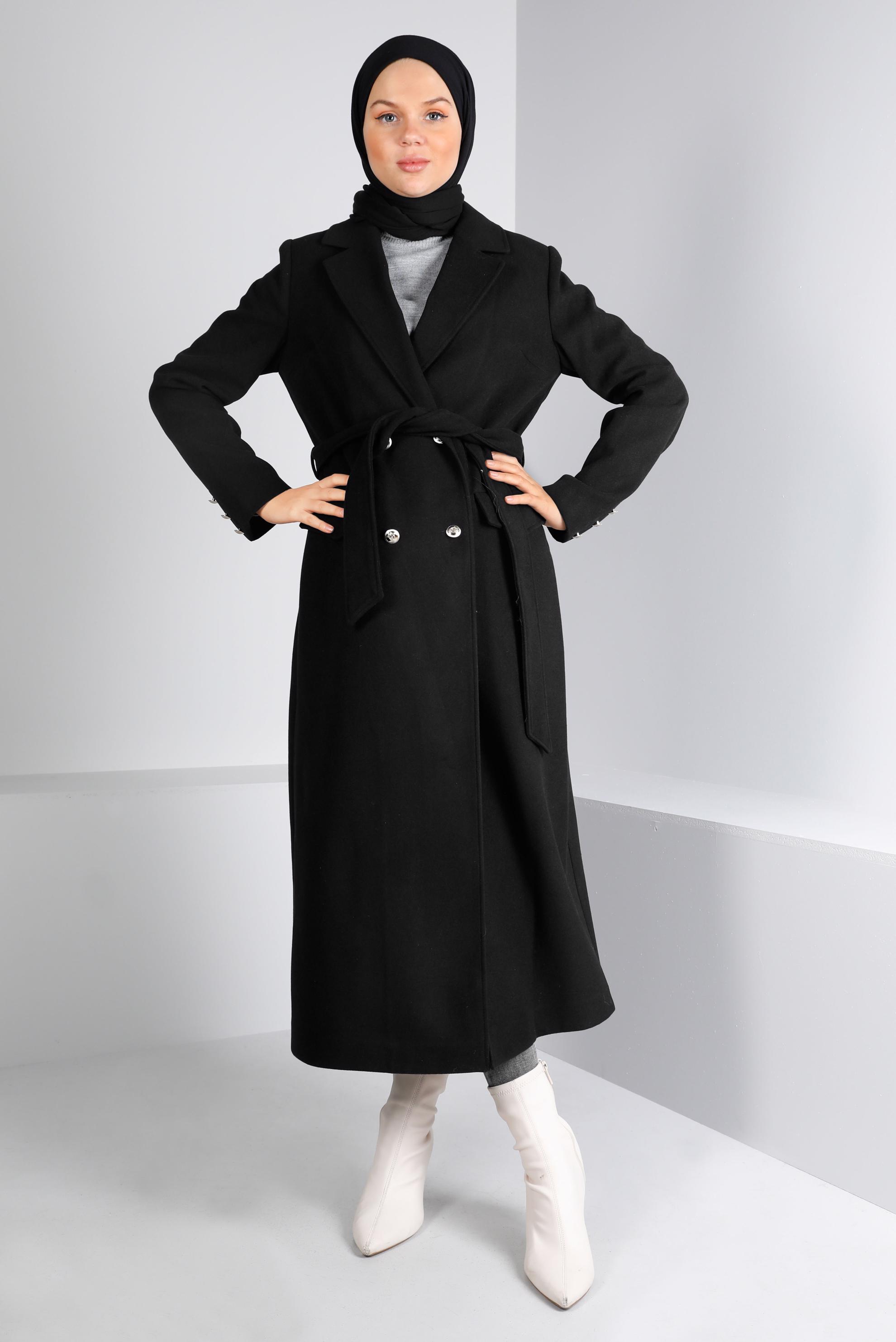 Tesettür giyim SİYAH DÜĞMELİ KUŞAKLI KABAN 90340	