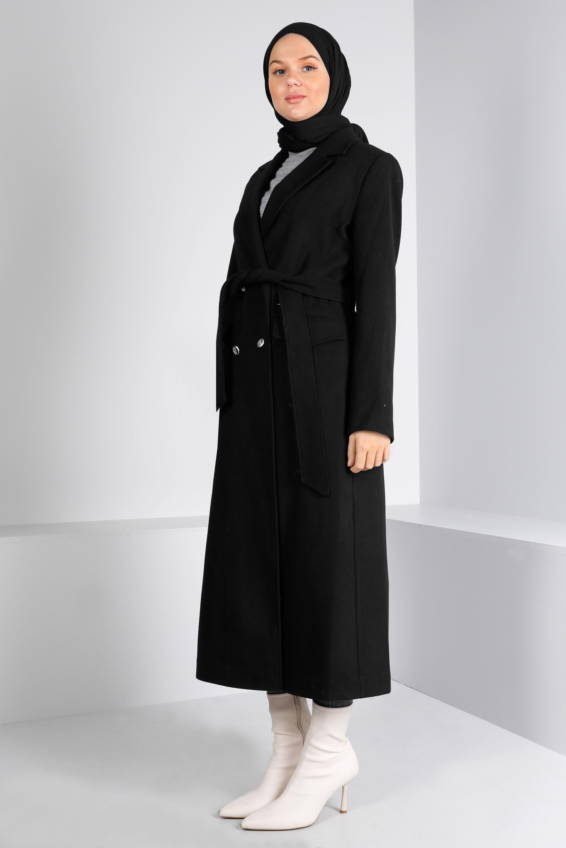 Tesettür giyim SİYAH DÜĞMELİ KUŞAKLI KABAN 90340	