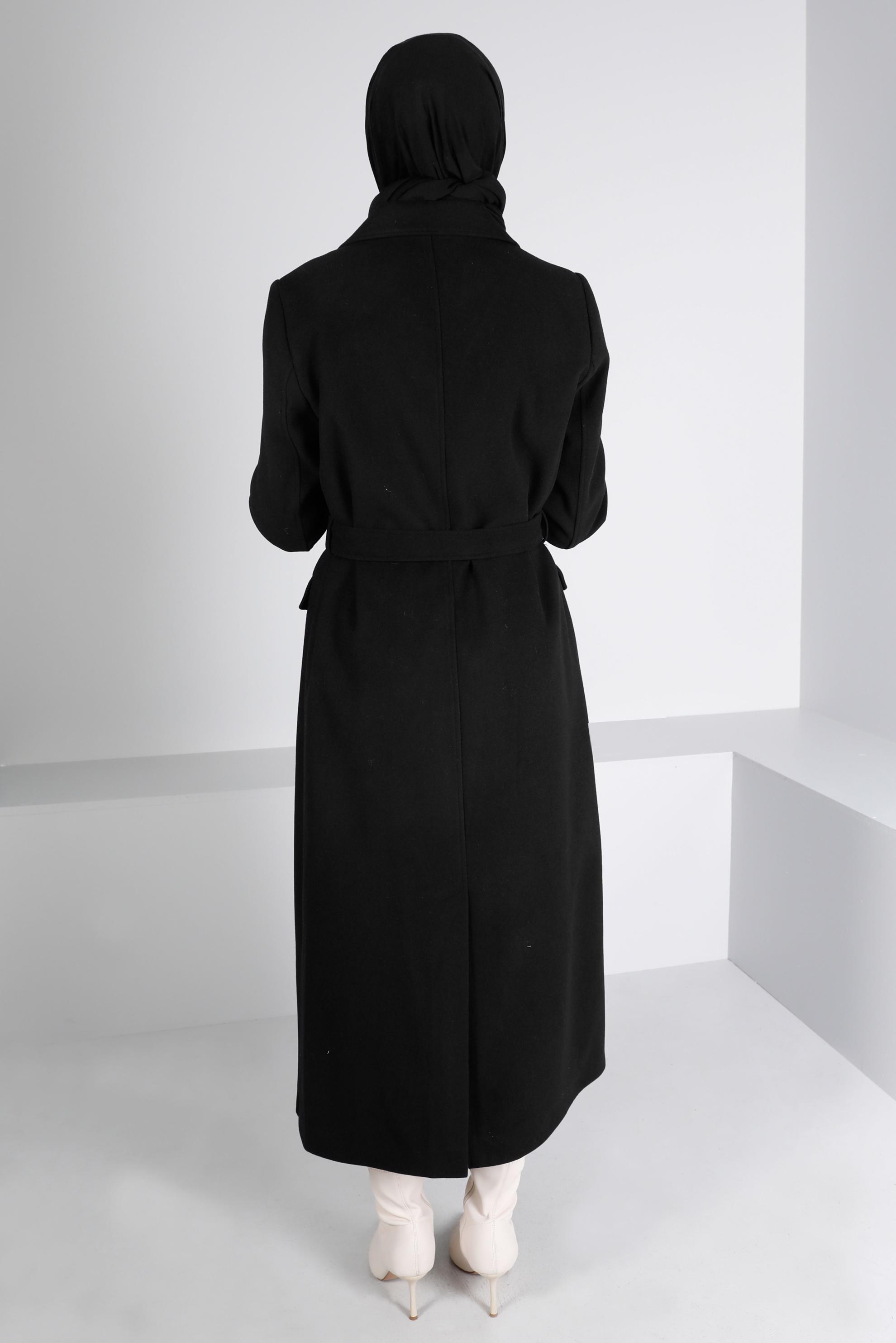 Tesettür giyim SİYAH DÜĞMELİ KUŞAKLI KABAN 90340	