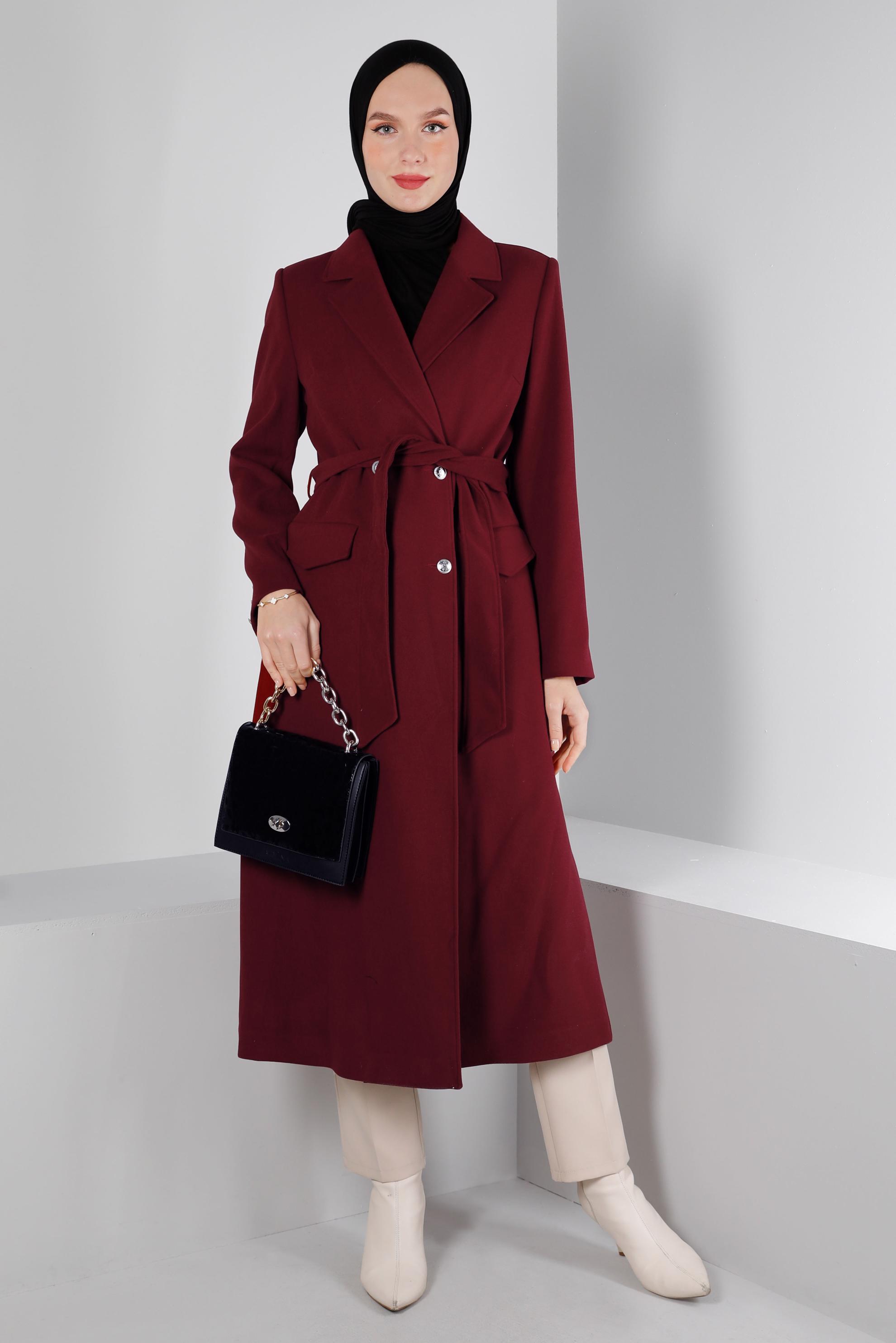 Tesettür giyim BORDO DÜĞMELİ KUŞAKLI KABAN 90340	